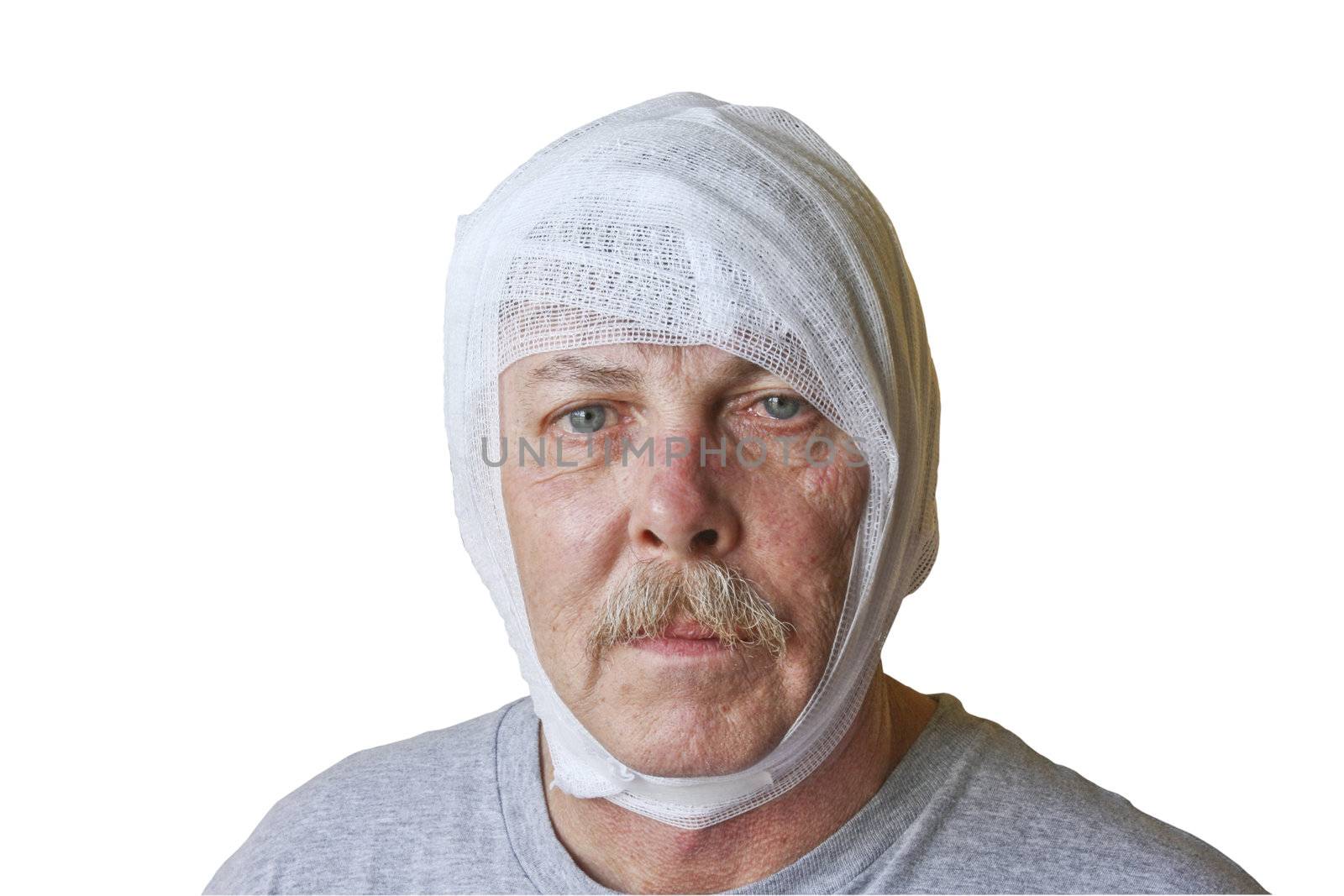 portrait of a man with his head bandaged for an injury
