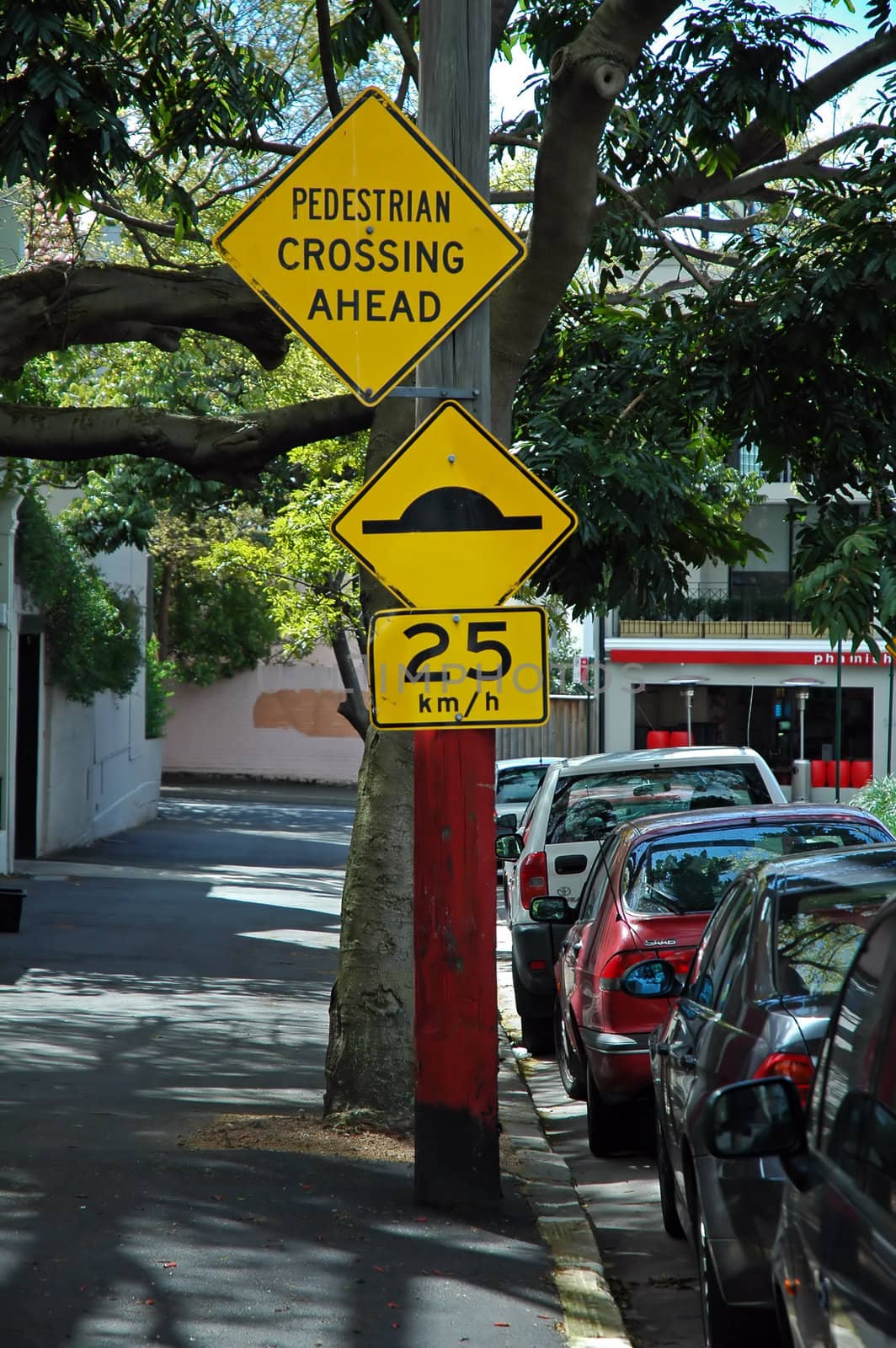 yellow traffic signs, cars parking, australia, pedestrian crossing