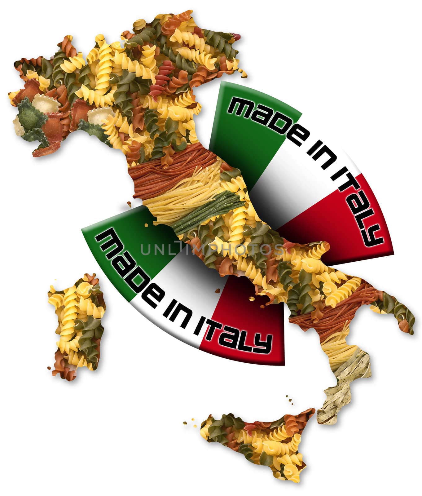 Italian territory with pasta and italian flag, made in Italy with a written