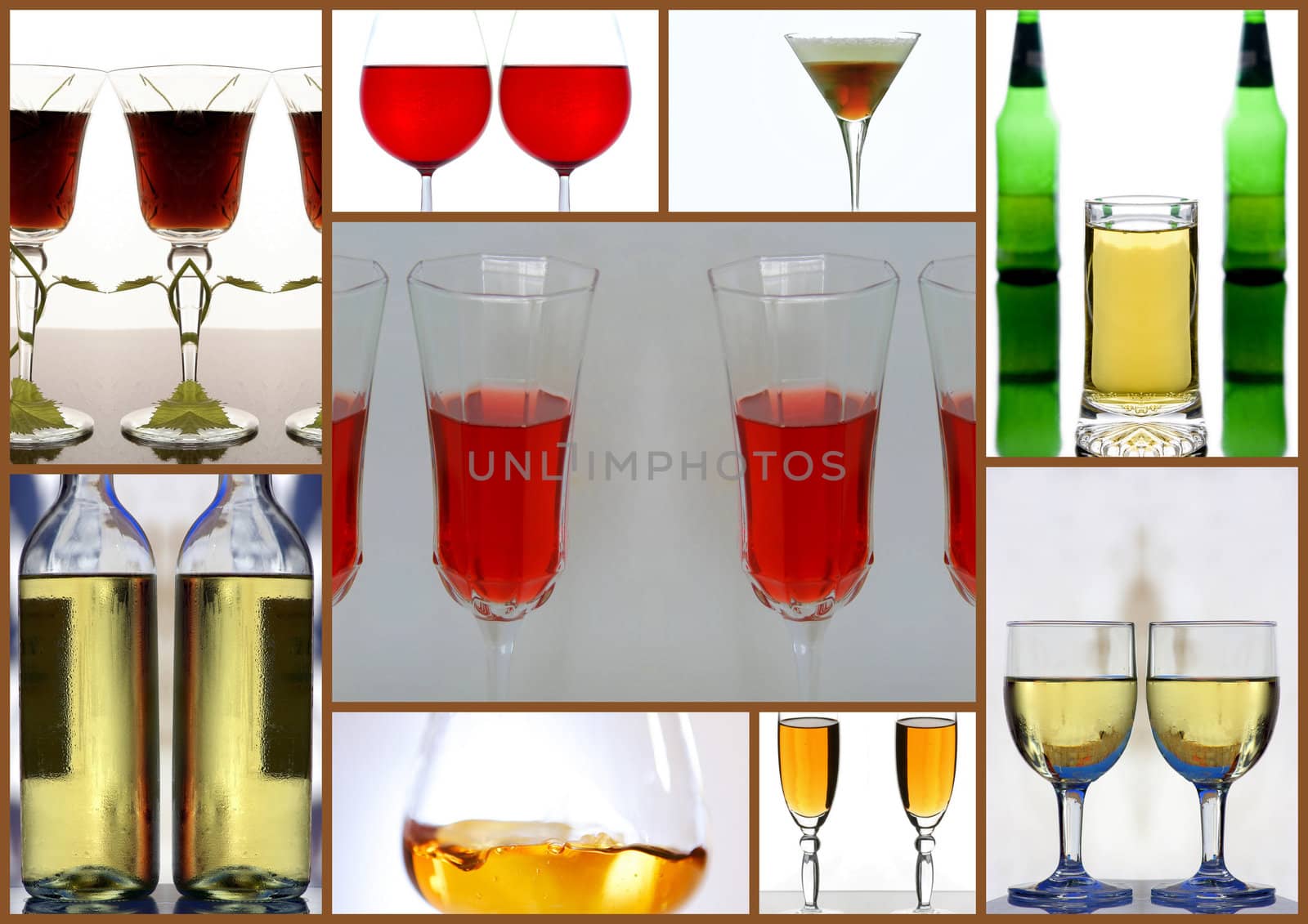 A collage of different pictures of alcoholic beverages for the restaurant business.