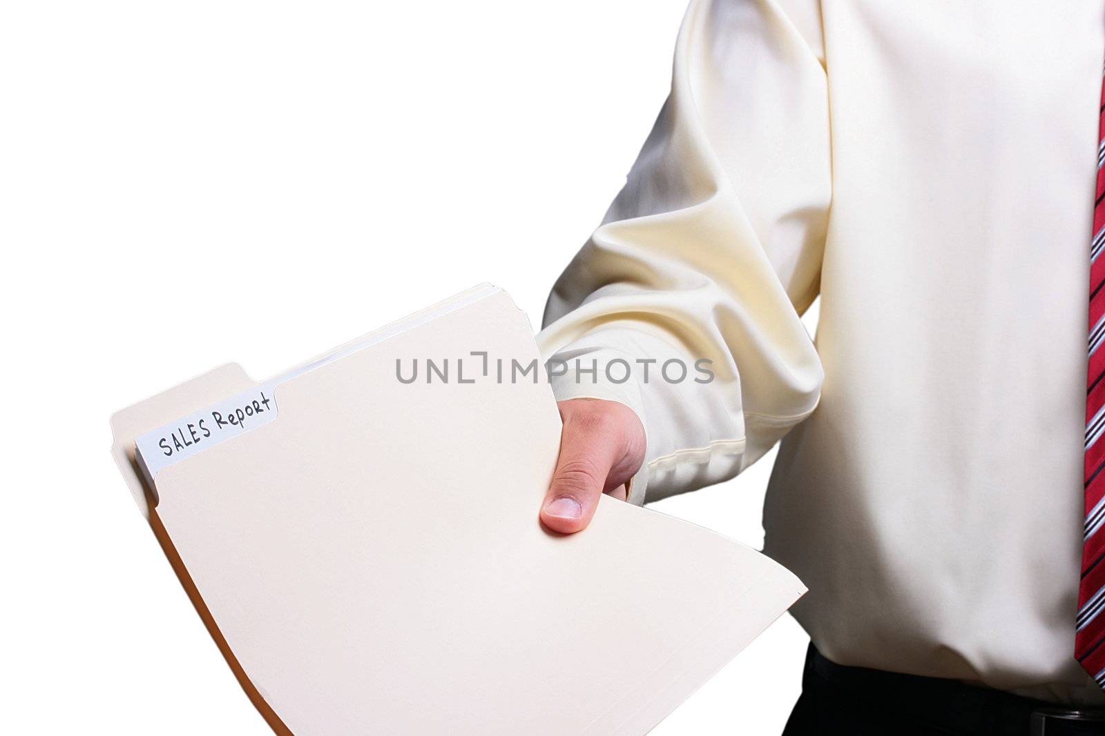 Man in a shirt and a tie giving a manila sales report folder. Add your text to the background.