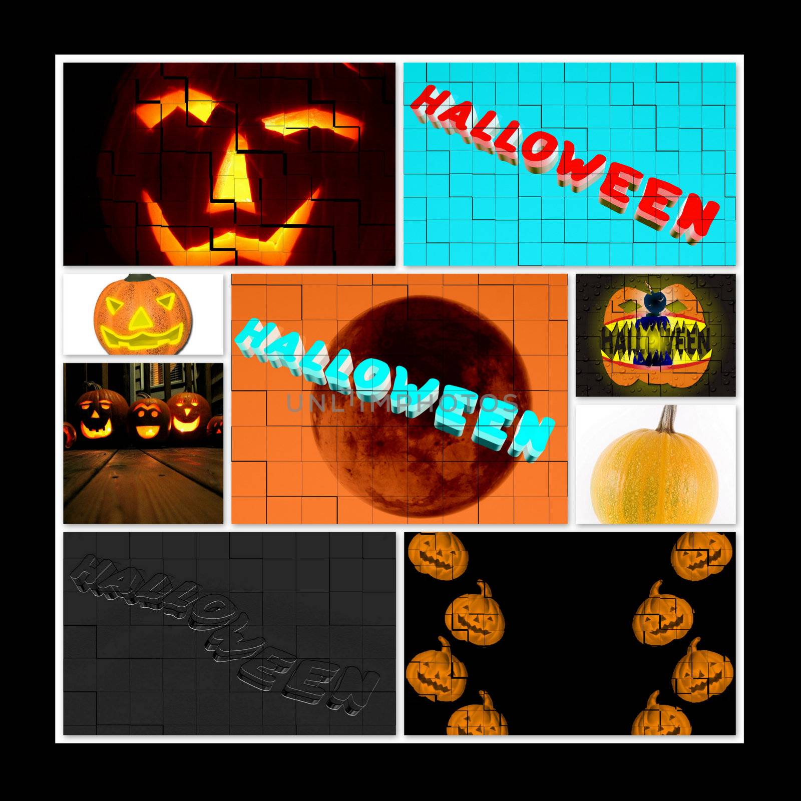 A collage of 9 Halloween Photos . Isolated on black background.