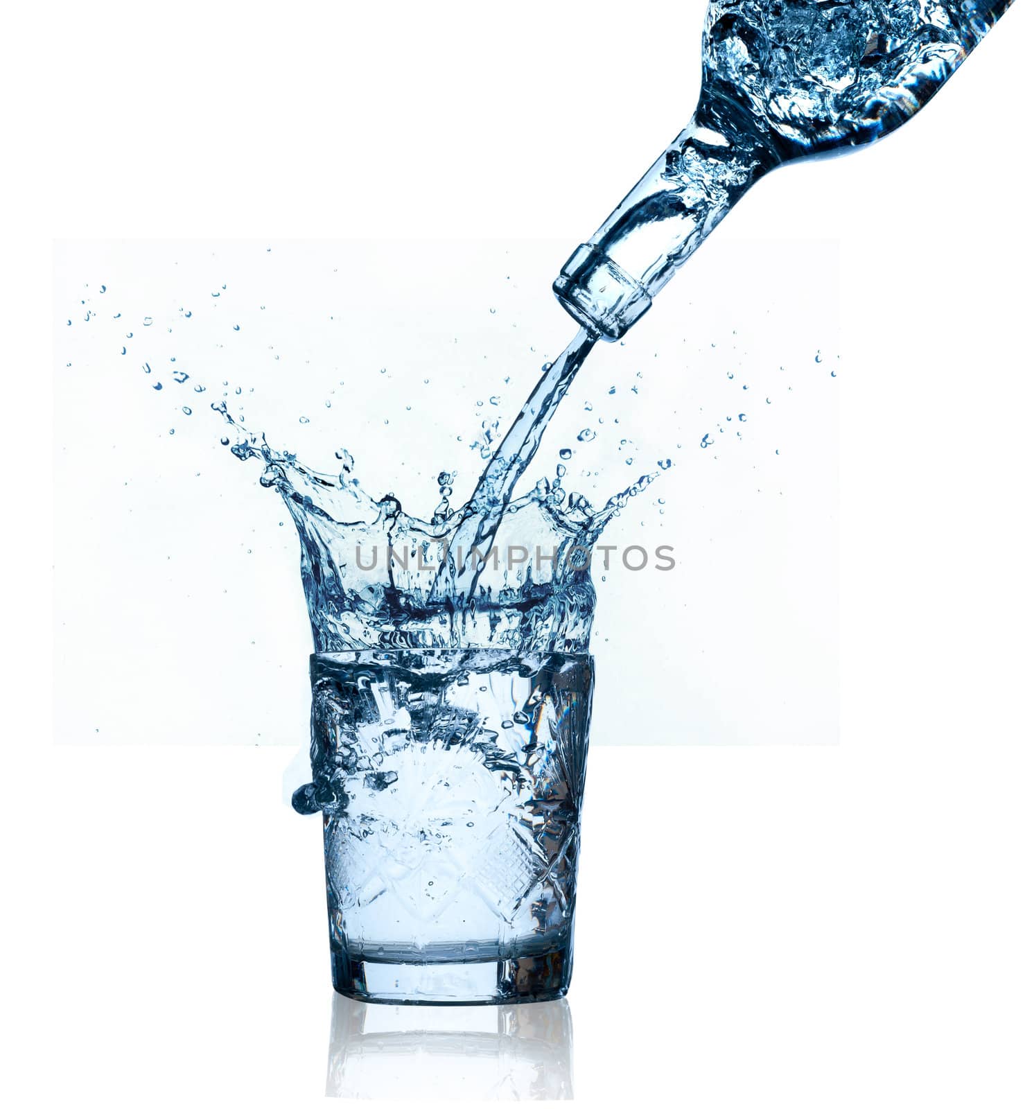 blue water splashing on glass, isolated on white background.