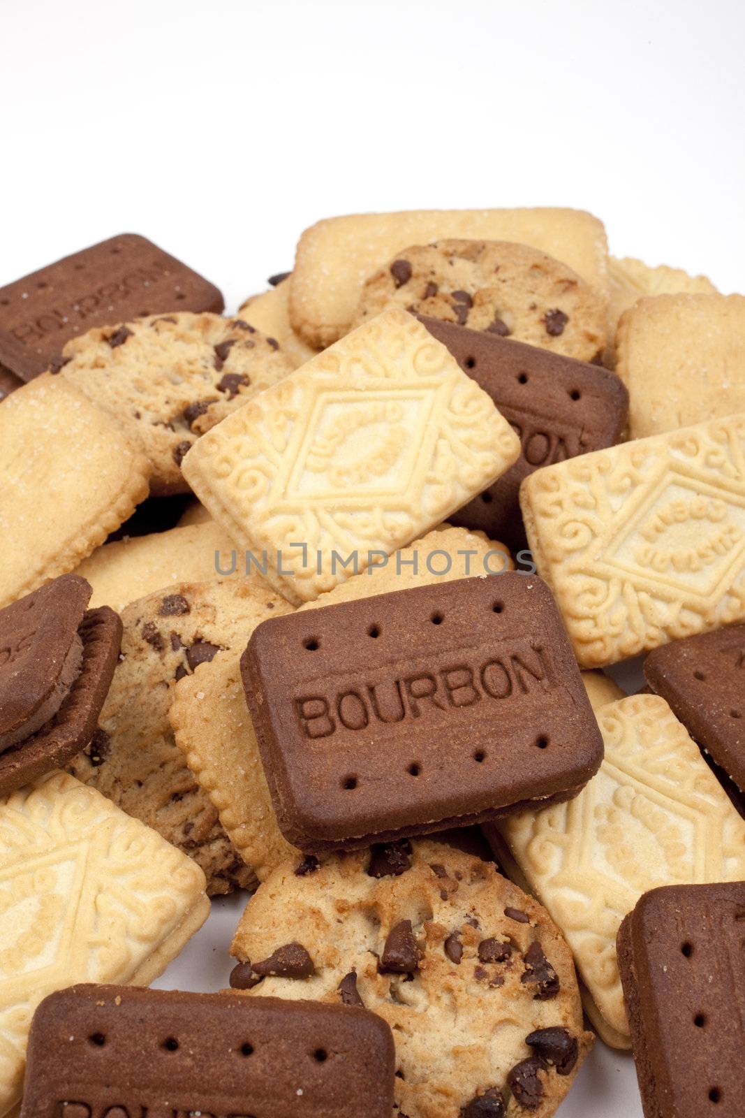 A selection of biscuits on a white background.