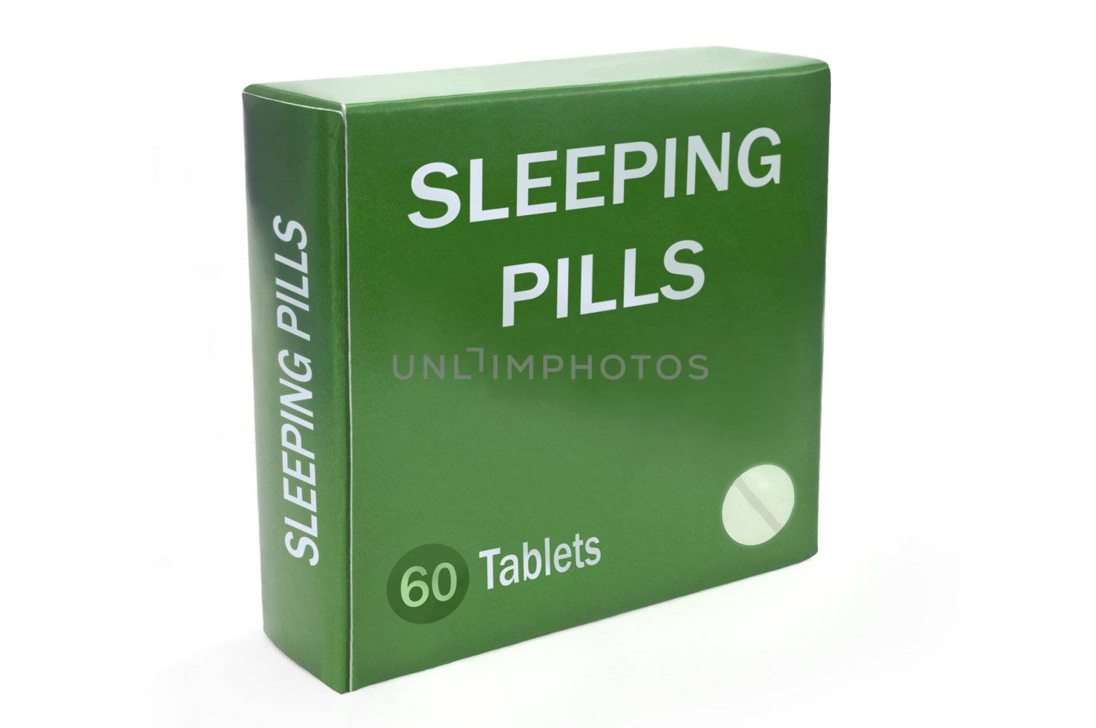 Close up of a green box with the words "SLEEPING PILLS" arranged over white.