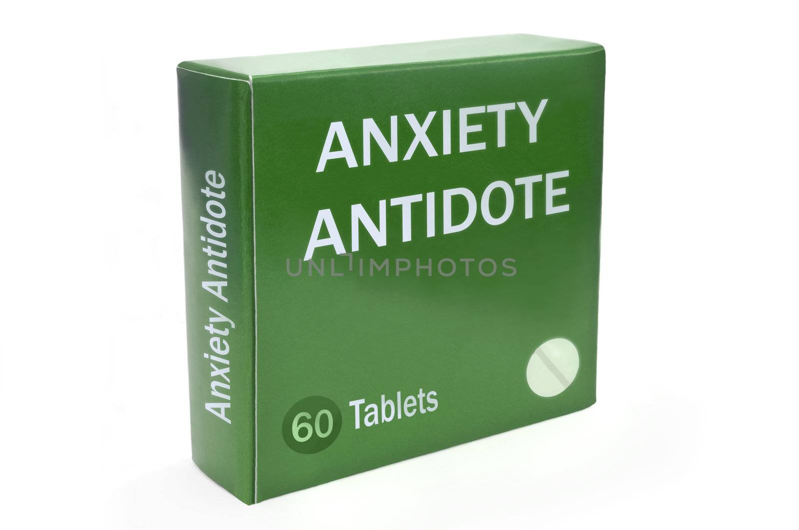 Close up of a green box with the words "ANXIETY ANTIDOTE" arranged over white.