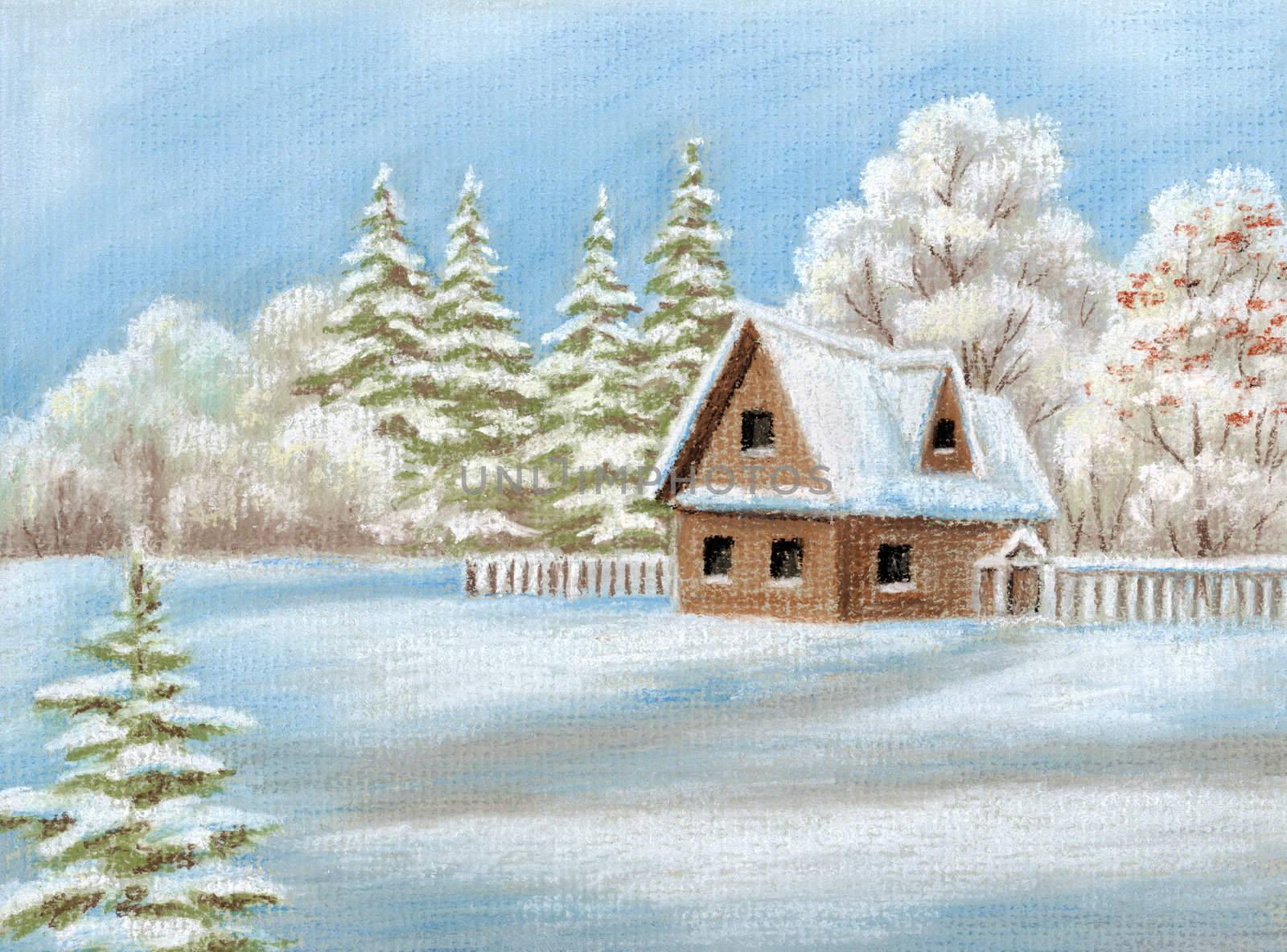 House in winter Forest. Picture, pastel, hand-draw on paper