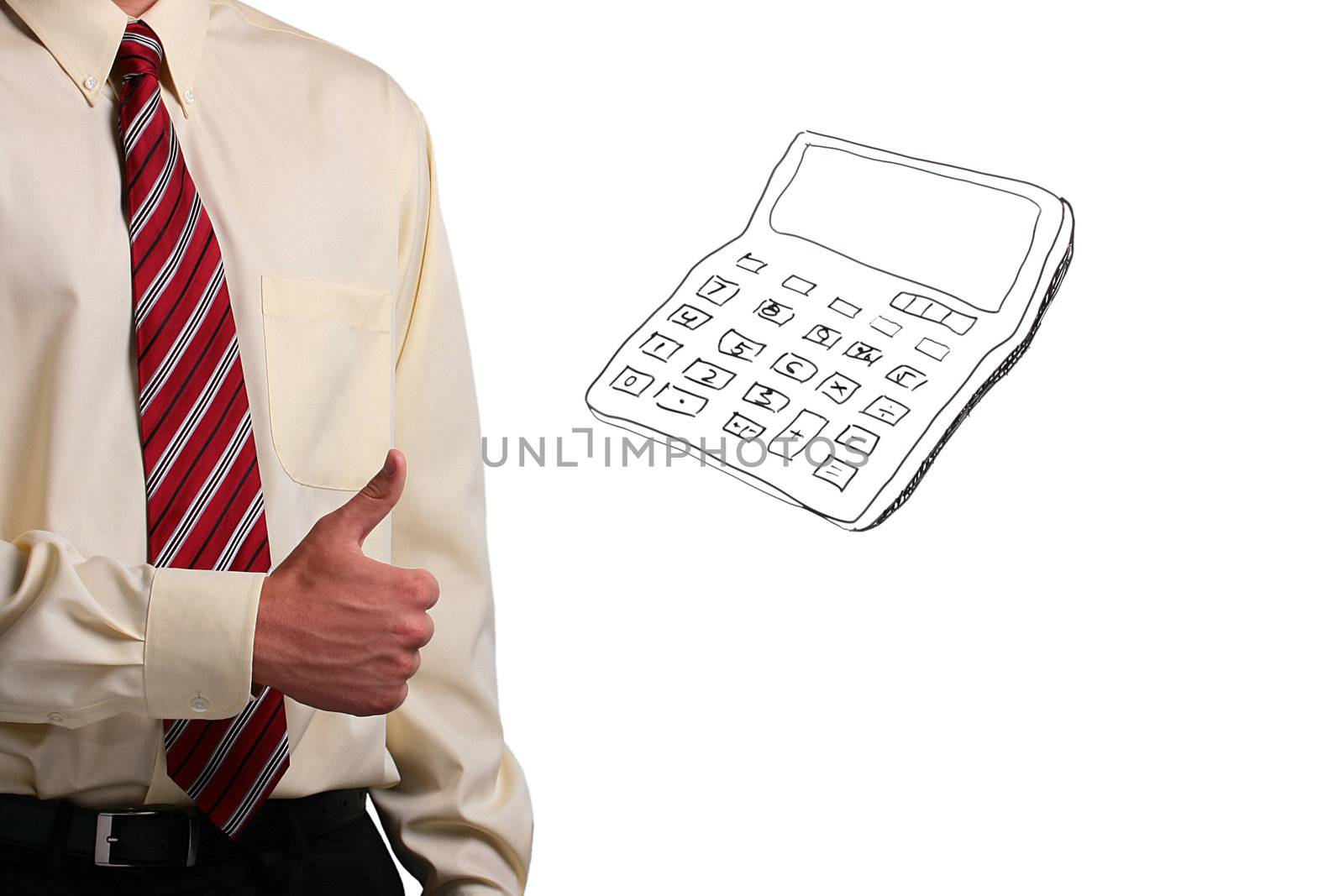 Man in a shirt and a tie showing thumbs up while standing next to a drawing of a calculator. Add your text to the calculator.