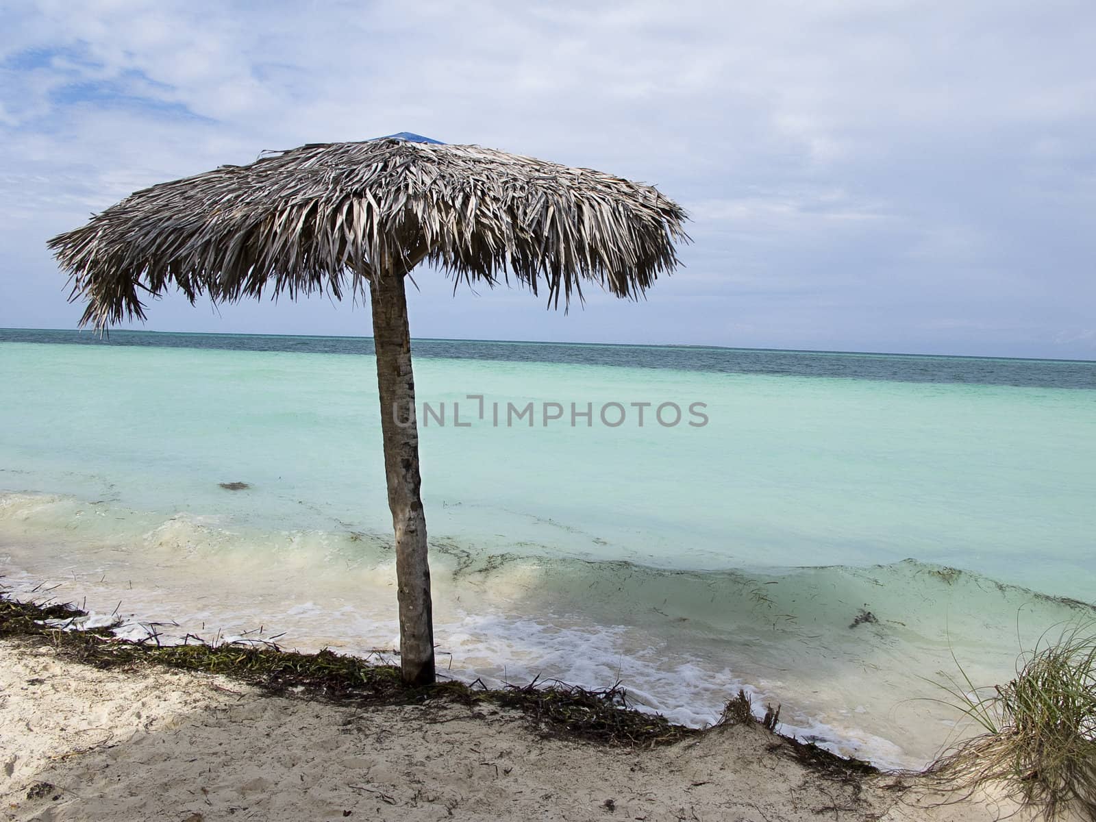 Lone straw parasol at the edge of the water