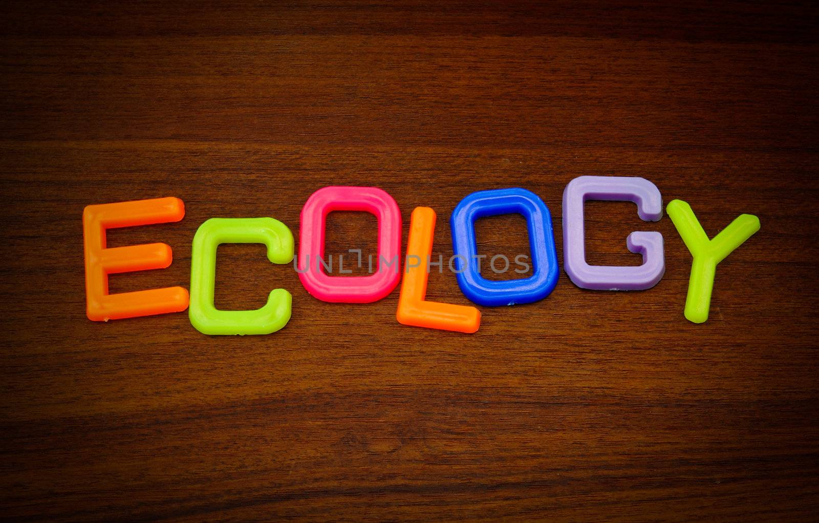 Ecology in colorful toy letters on wood background