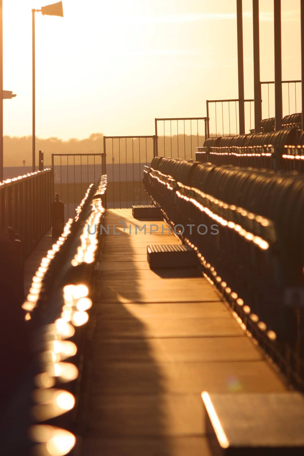 Silverstone race track viewing grandstand seating at dusk