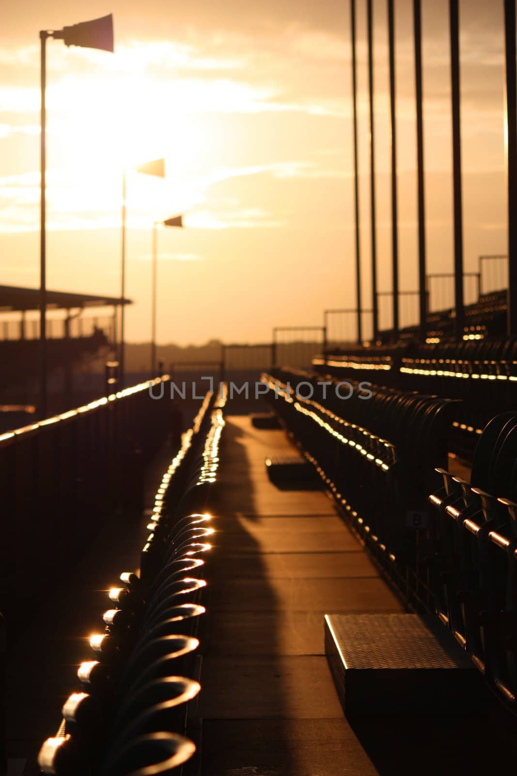 Silverstone race track viewing grandstand seating at dusk