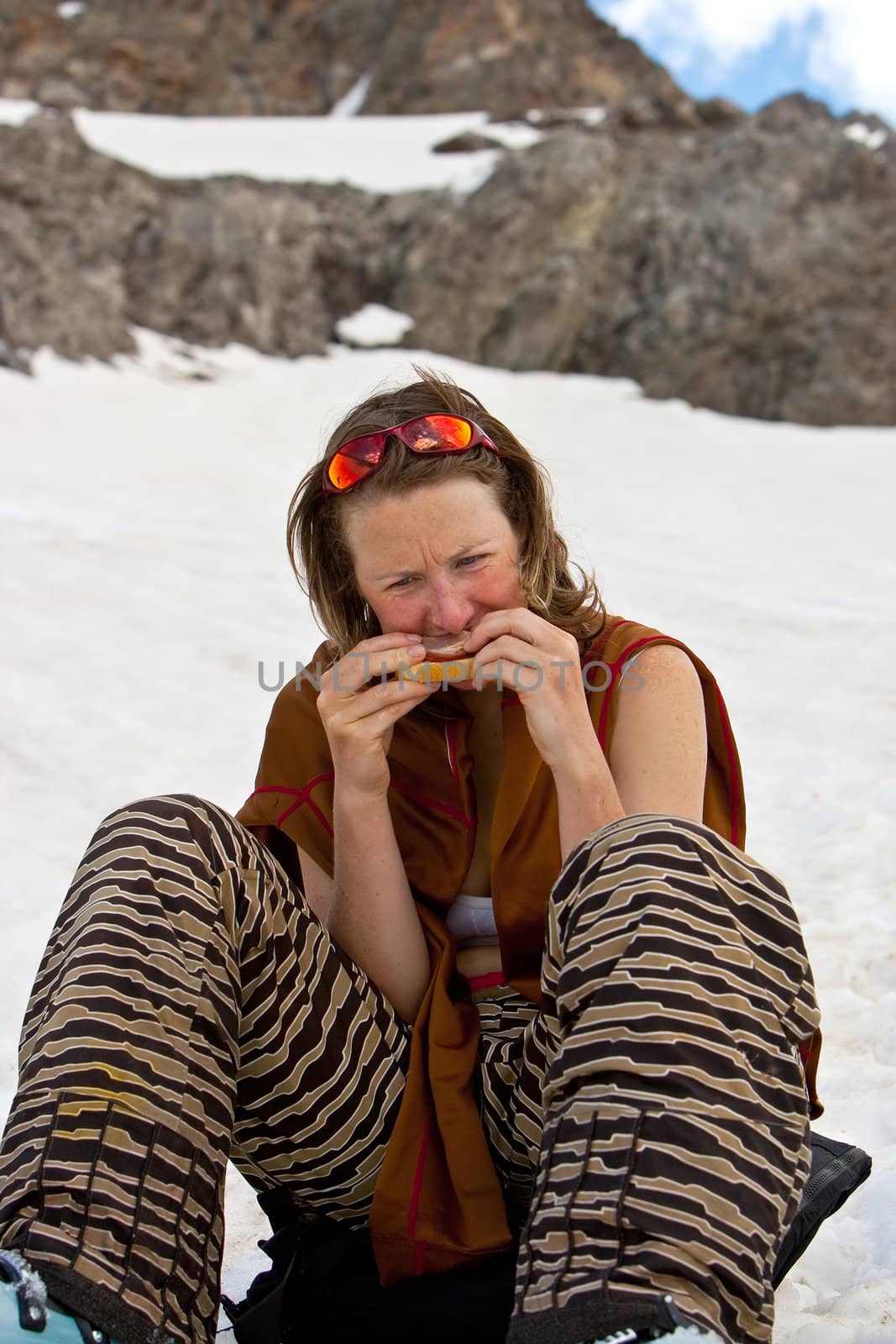 Lunch on the snow. Summer freeride, Caucasus mountains, Elbrus