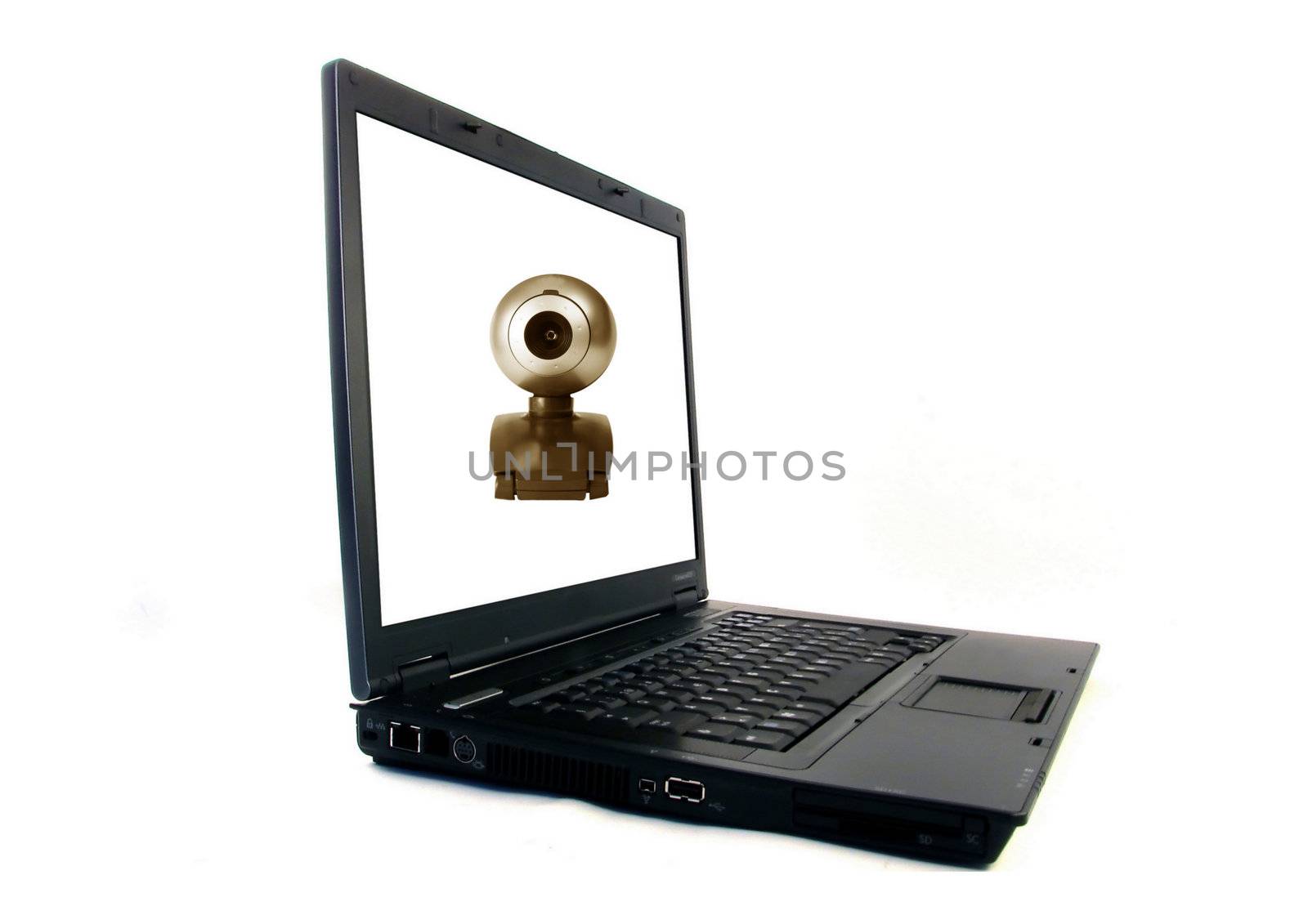 Laptop Computer with an web -camera background on the screen.Objects over white.