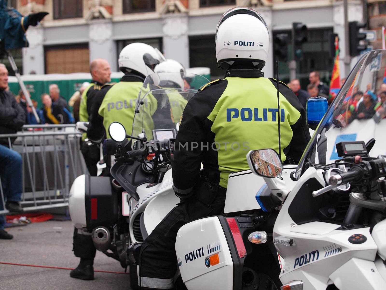 COPENHAGEN - SEPTEMBER 25: Unknown danish policemen secures the  2011 UCI road race championships in Rudersdal. The event starts on September 19 - 25, 2011 in Copenhagen and Rudersdal, Denmark.