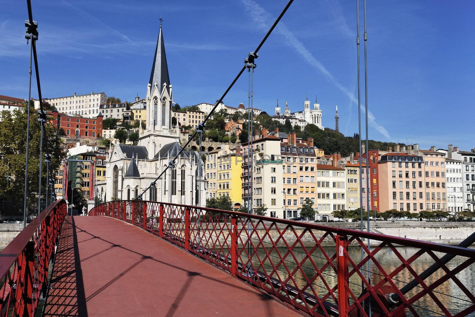 Lyon city with footbridge on Saone river