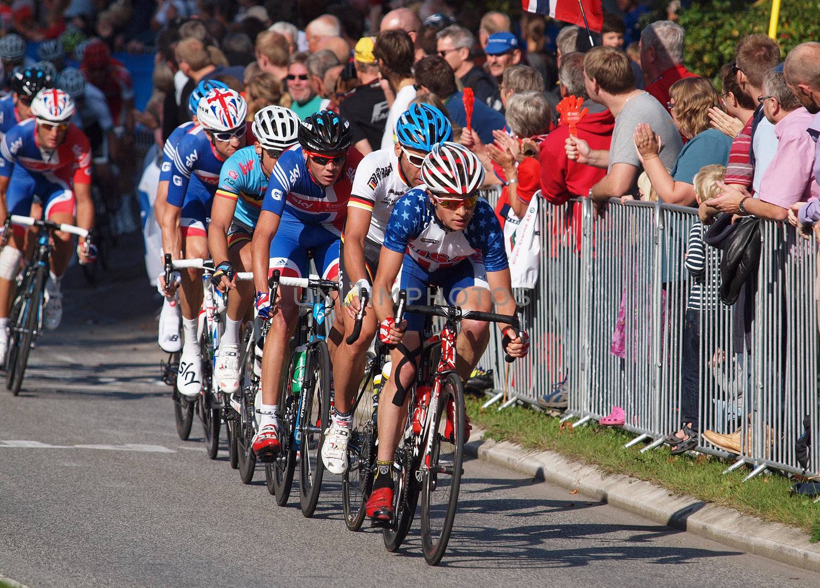 COPENHAGEN - SEPTEMBER 25: Unknown international elite cyclists at 2011 UCI road race championships in Rudersdal. The event starts on September 19 - 25, 2011 in Copenhagen and Rudersdal, Denmark.