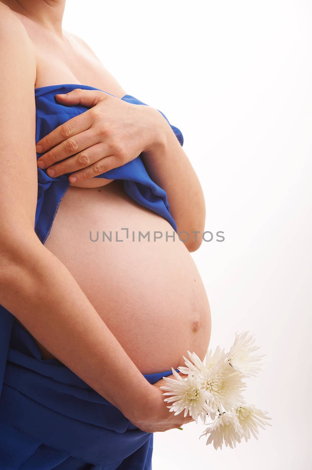 pregnancy woman in the blue drapery with white flower