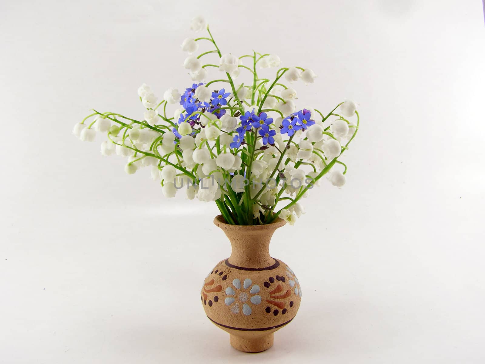 small bouquet costs in the clay vase against the white background. 