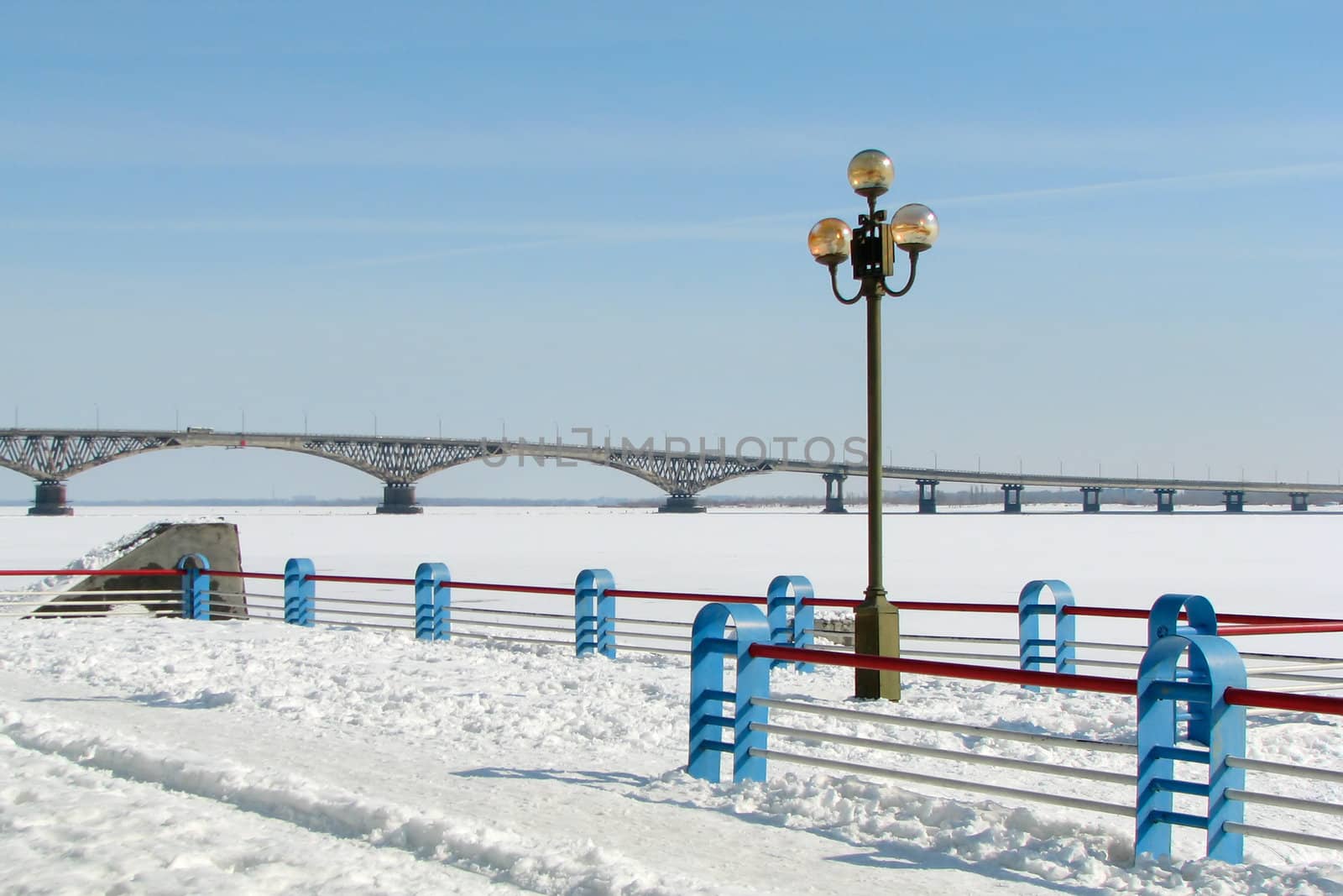 View from the quay at the bridge over the River frozen winter