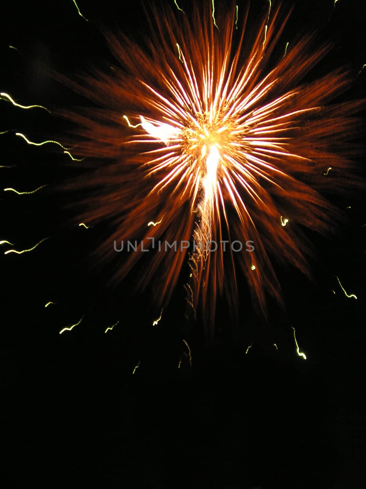In the dark night sky flash brightly firework. Somebody has birthday, celebrate The day of victory or just party.