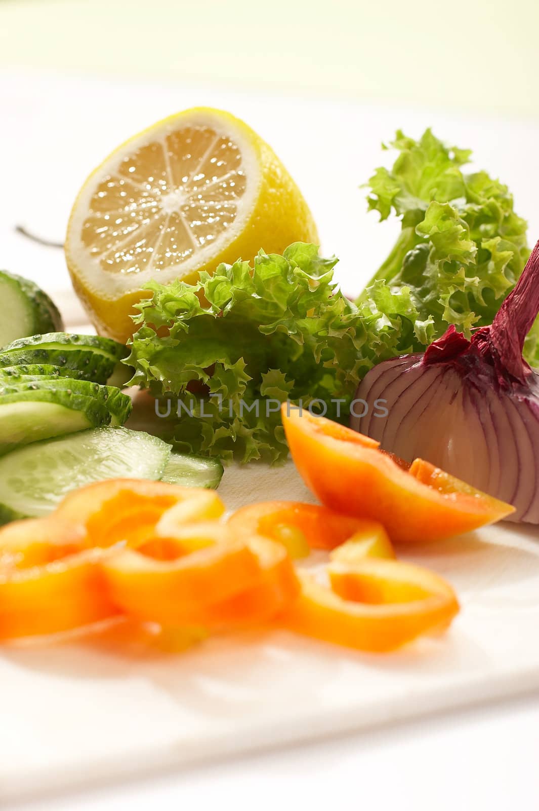 vegetable mix: lettuce, onion, lemon, cucumber