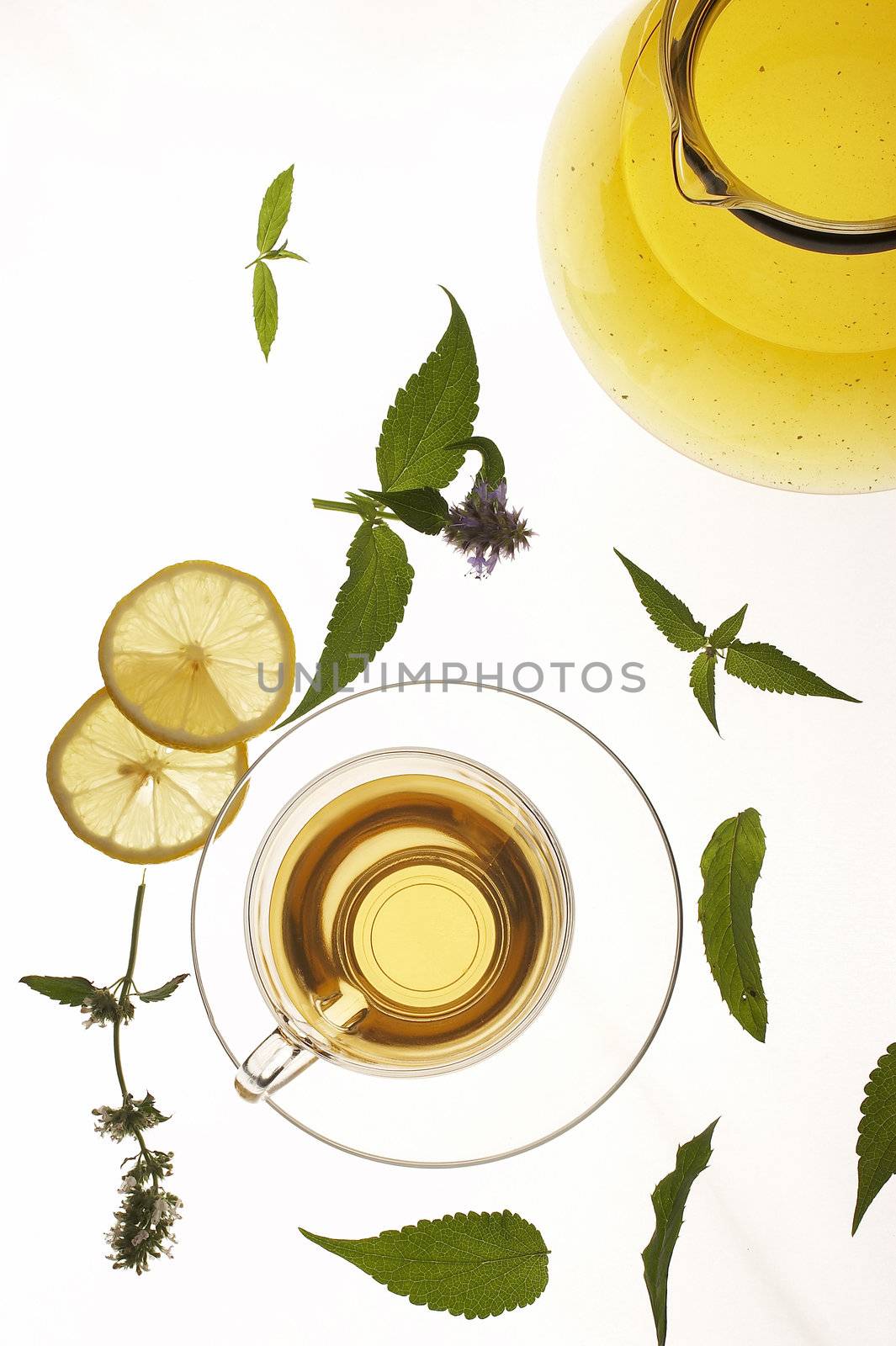Tea pot with cup and 
leaves of mint