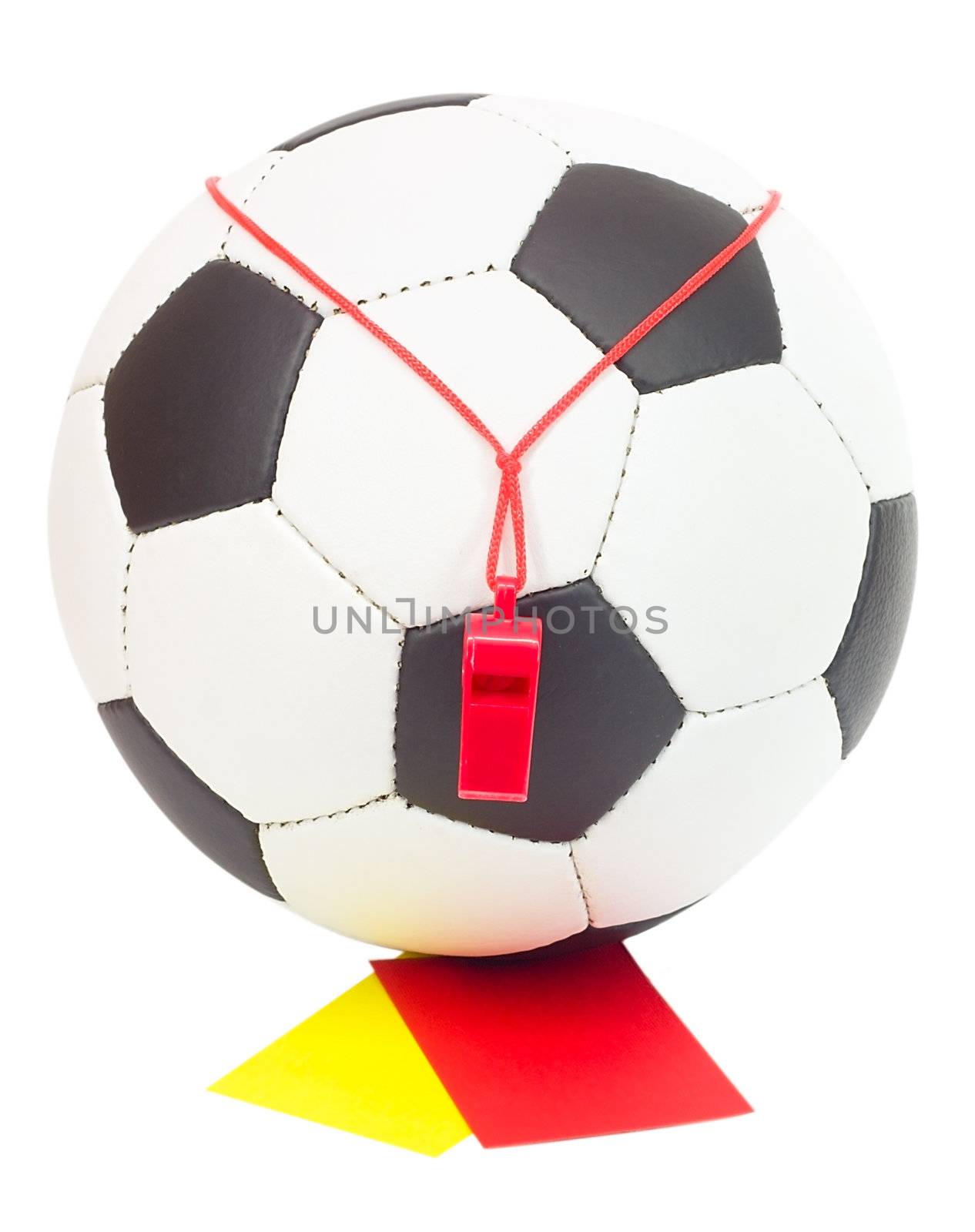 soccer concept, classic ball with referee's whistle, red and yellow card, isolated on white