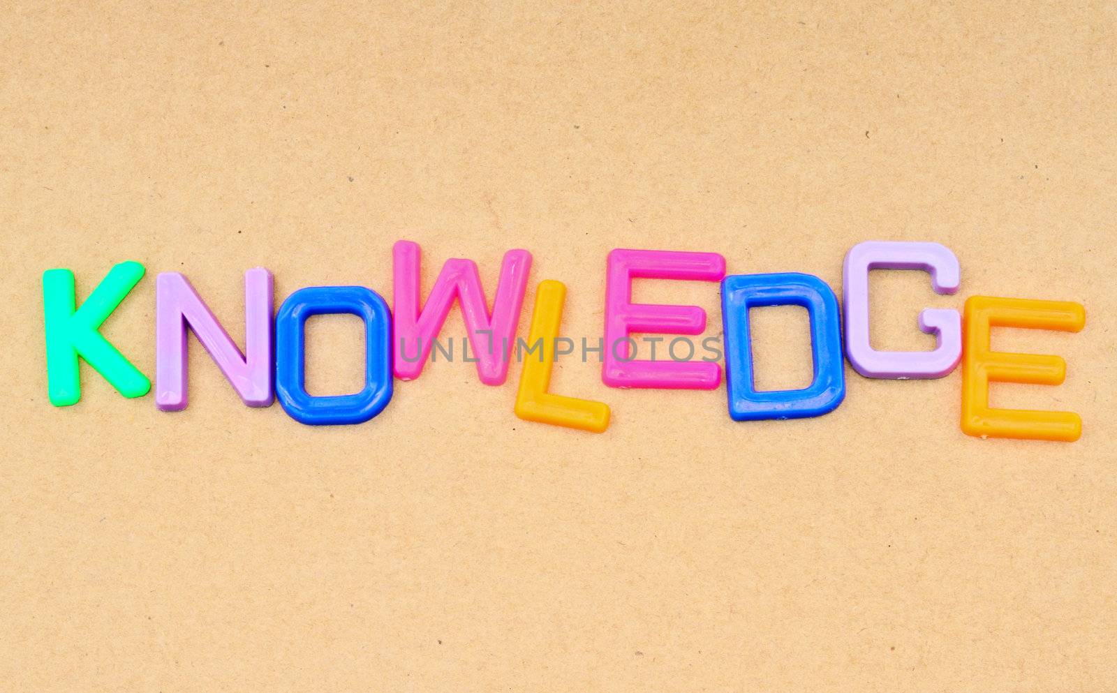 Knowledge in colorful toy letters on paper background