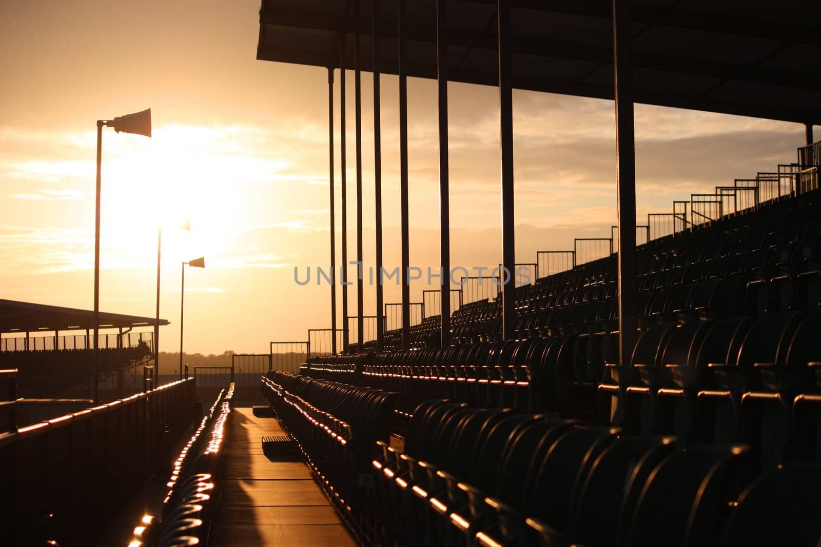 Silverstone race track viewing grandstand seating at dusk