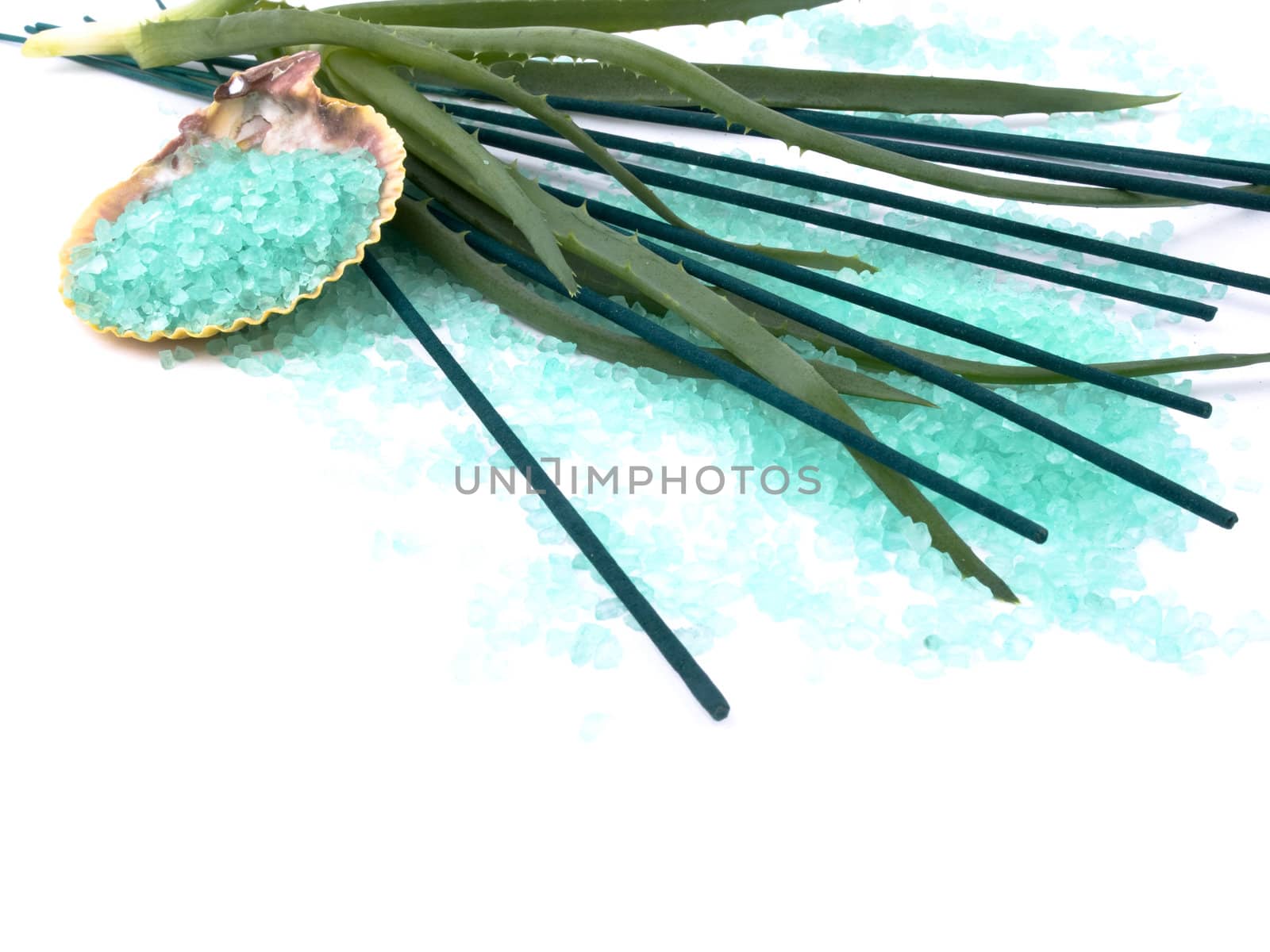 Aromatic green bath salt with fresh aloe and incenses on white background