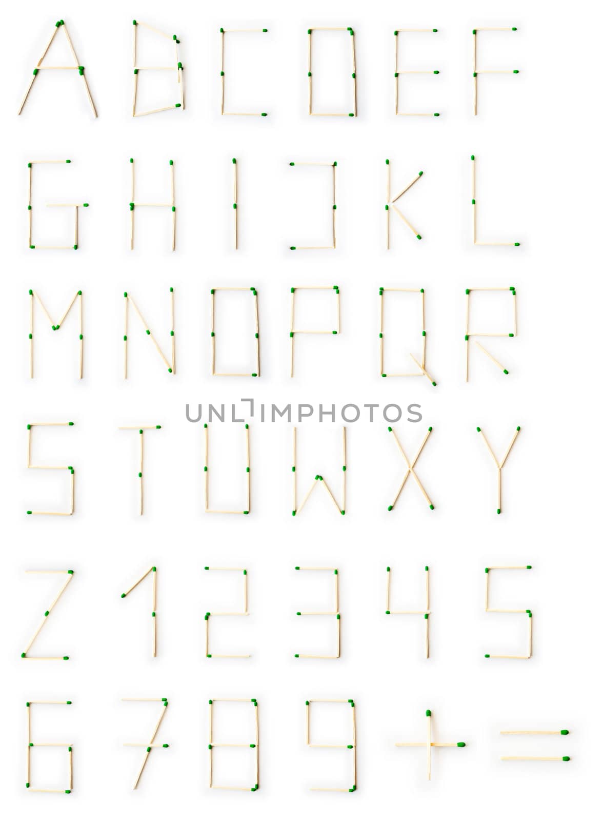 Alphabet made from matches isolated on white background
