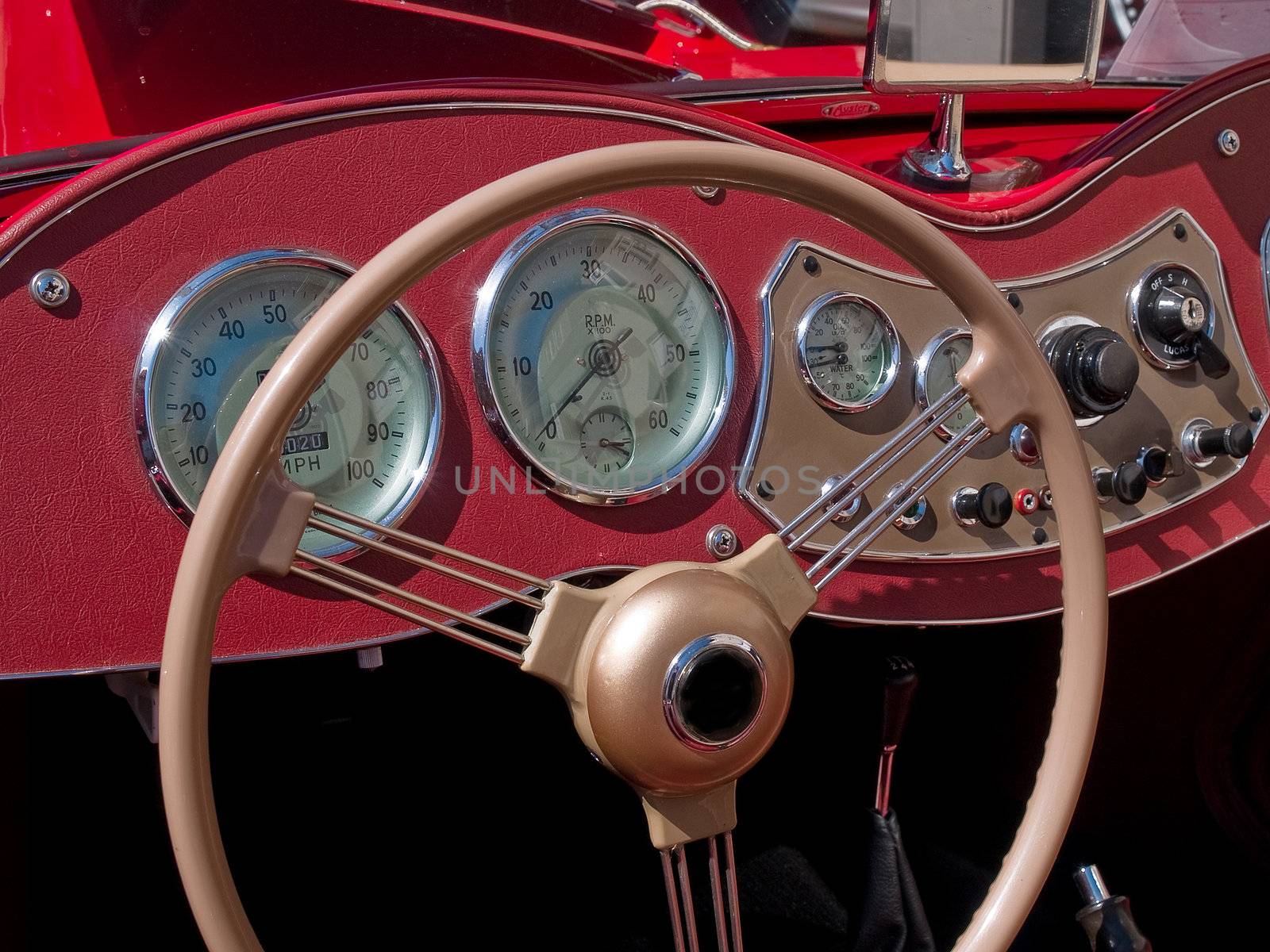Old classical British vintage sports car dashboard