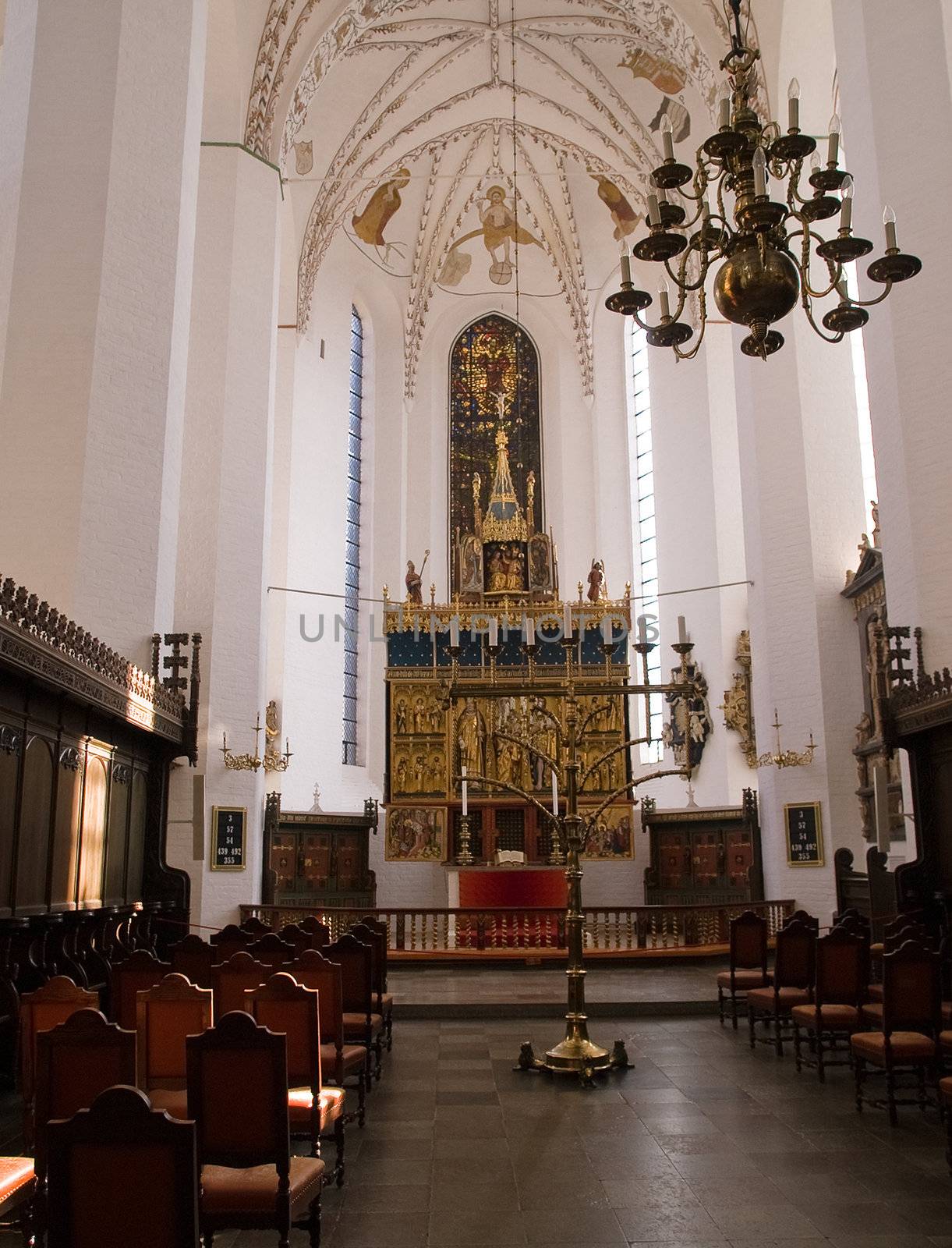 View of church inside with beautiful decorated altar 