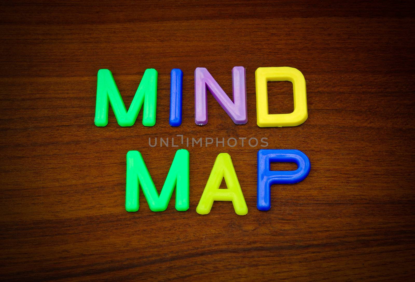 Mind map in colorful toy letters on wood background