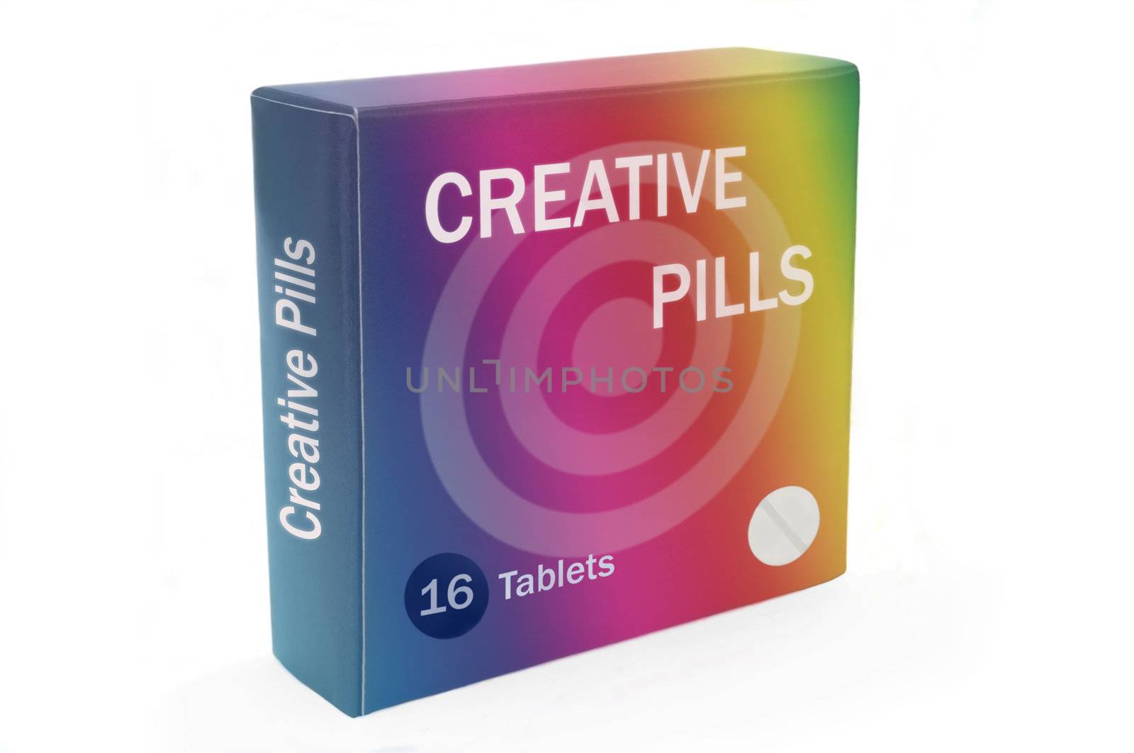 Close and low level angle capturing a multicoloured medication pack with the words "Creative Pills" arranged over white.