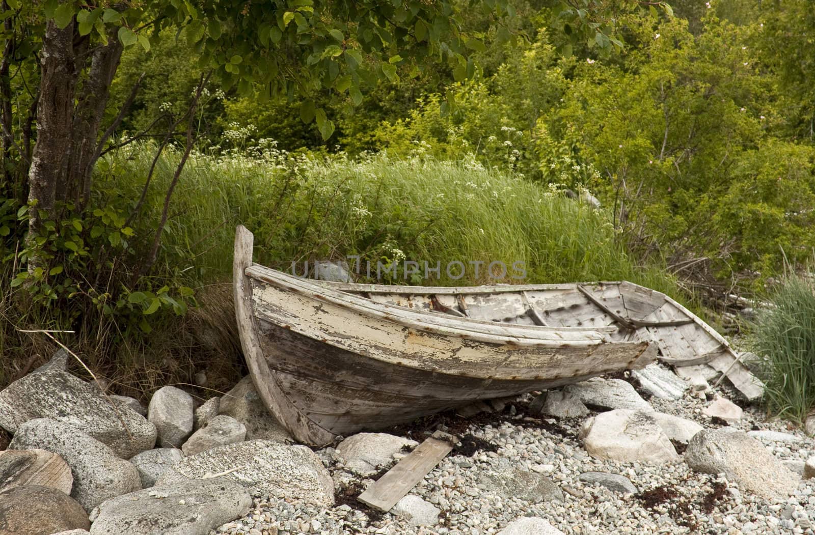 Old wrecked wooden rowing boat on the shore. 