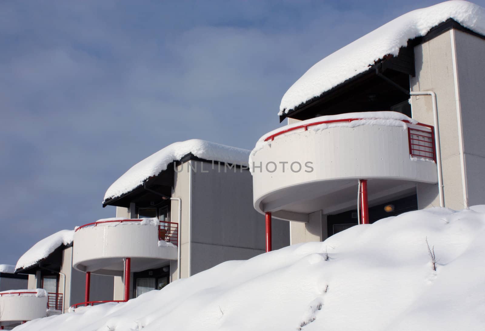 Row of modern homes in a winter landscape