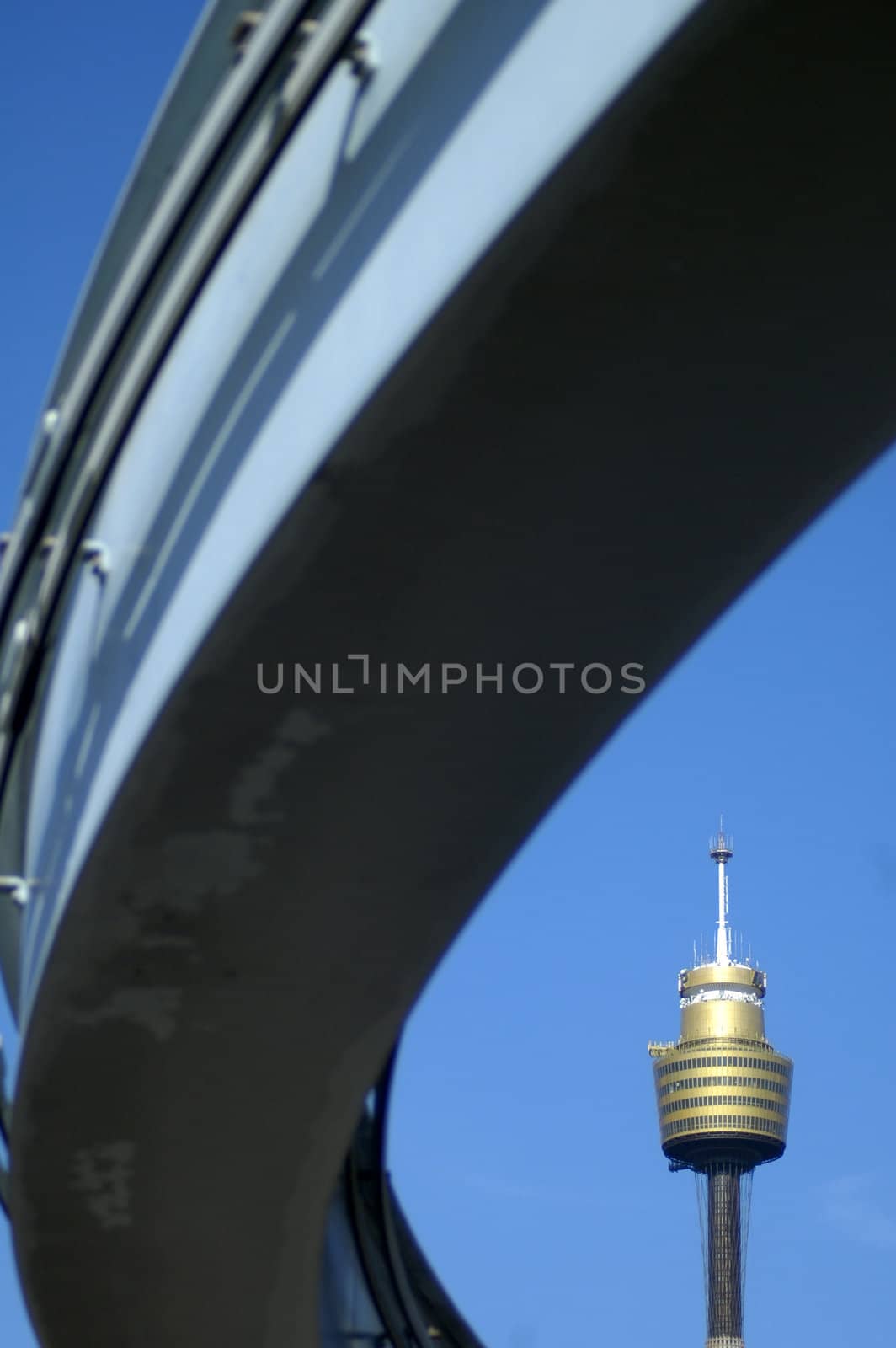 sydney tower, monorail rails, sydney, photo taken from Pyrmont Bridge