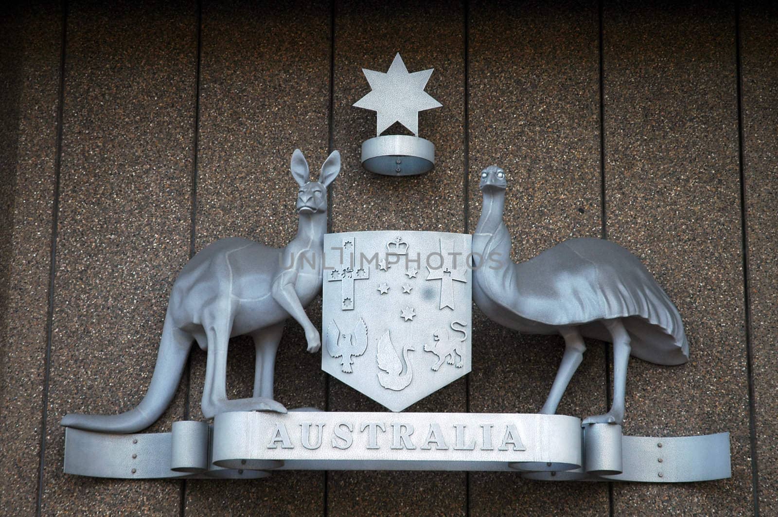 australian government logo made of steel, kangaroo and peafolw