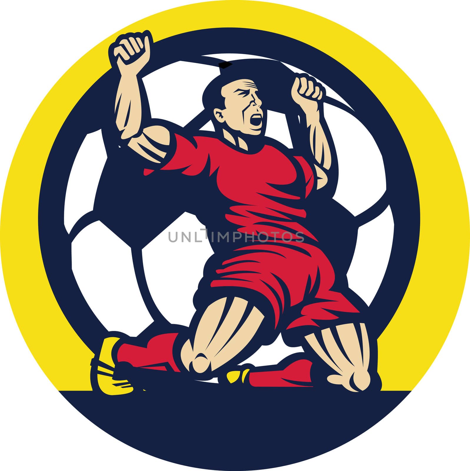 illustration of a Soccer player celebrating a goal with ball in background