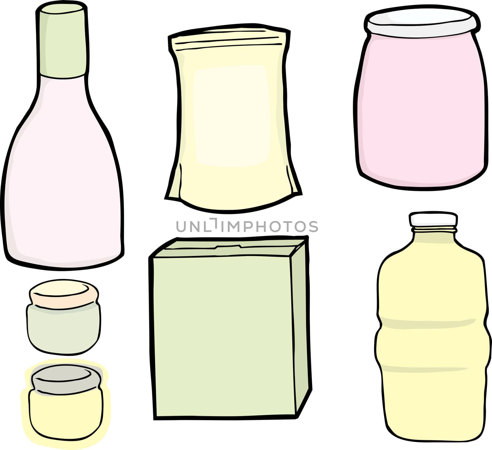 Drawings of a generic bottle, jars, box and bag used for food and drinks.