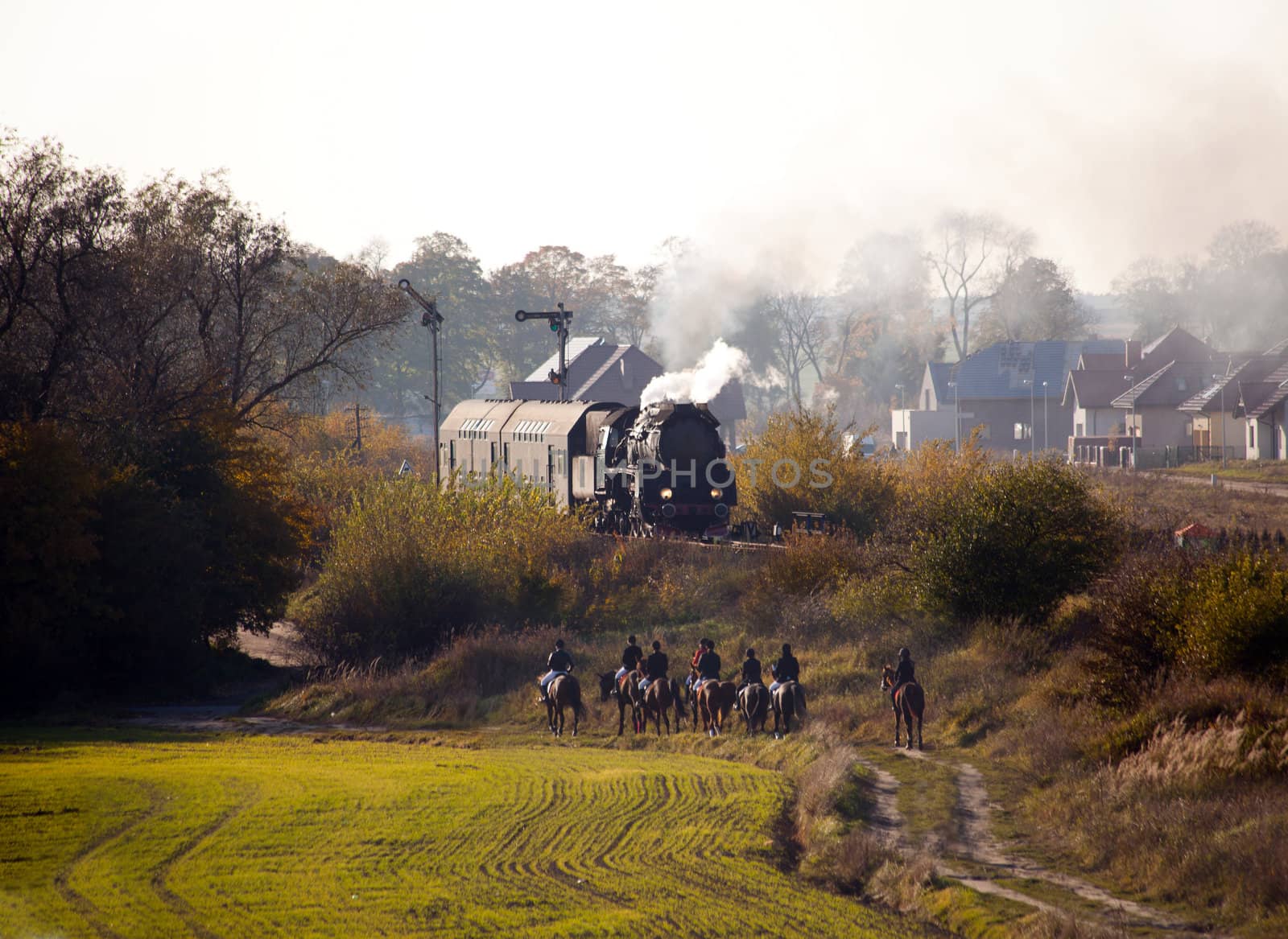 Old retro steam train passing through polish countryside

