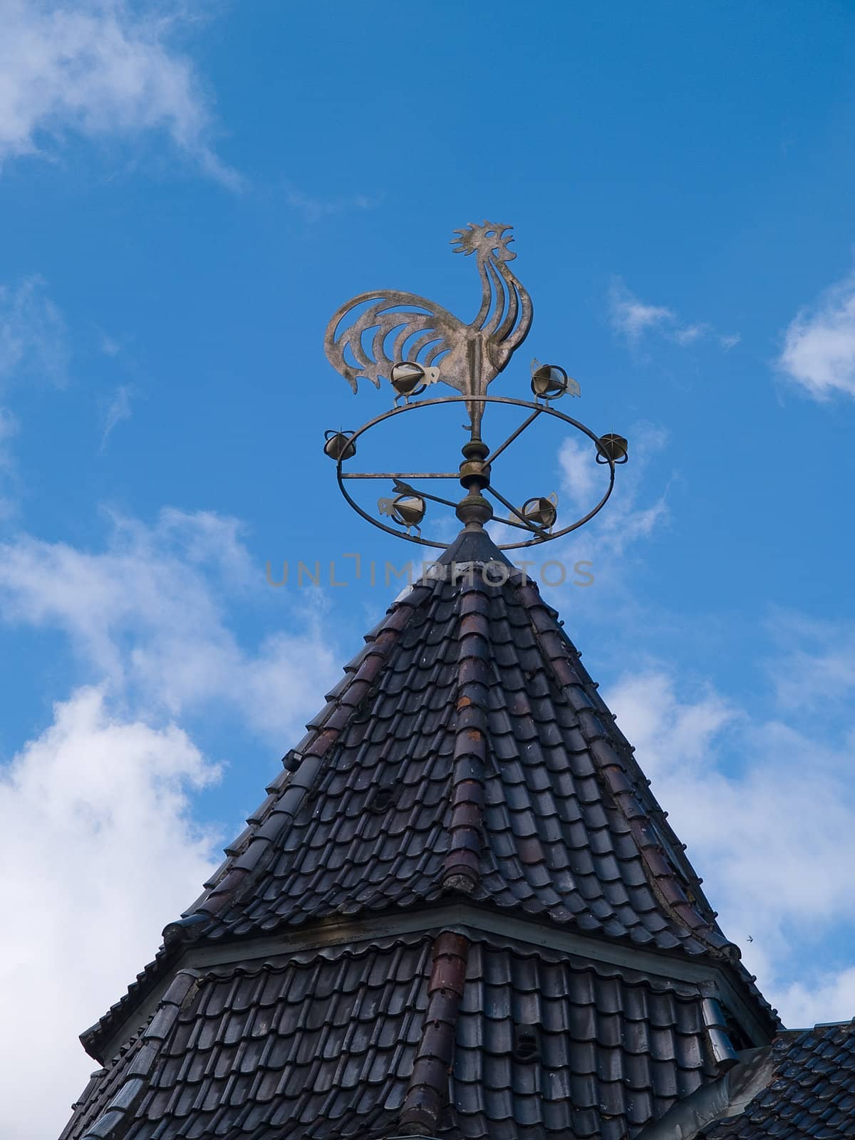 Traditional old country weathercock vane on a tiled roof vertical