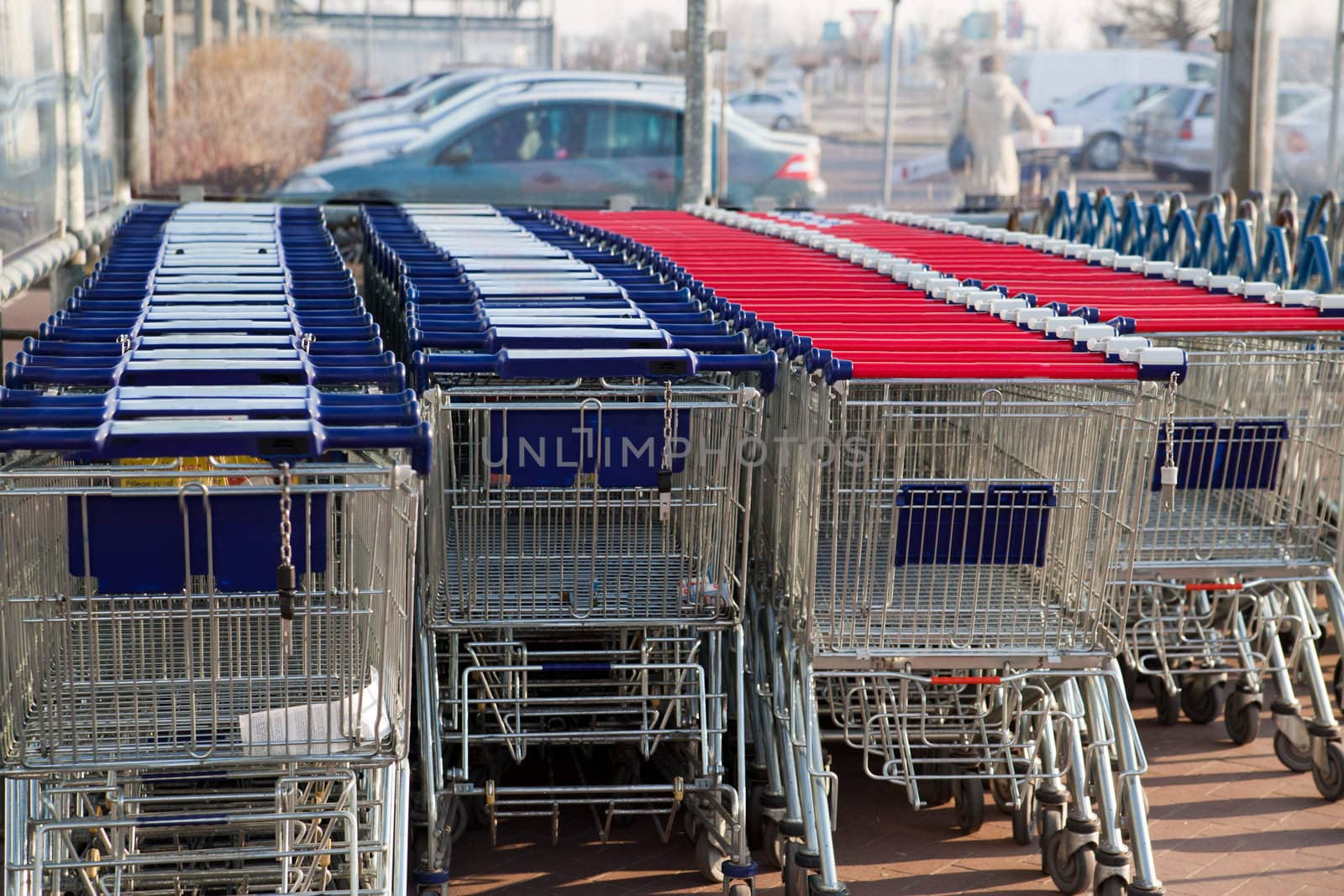 Row of empty shopping carts at the supermarket

