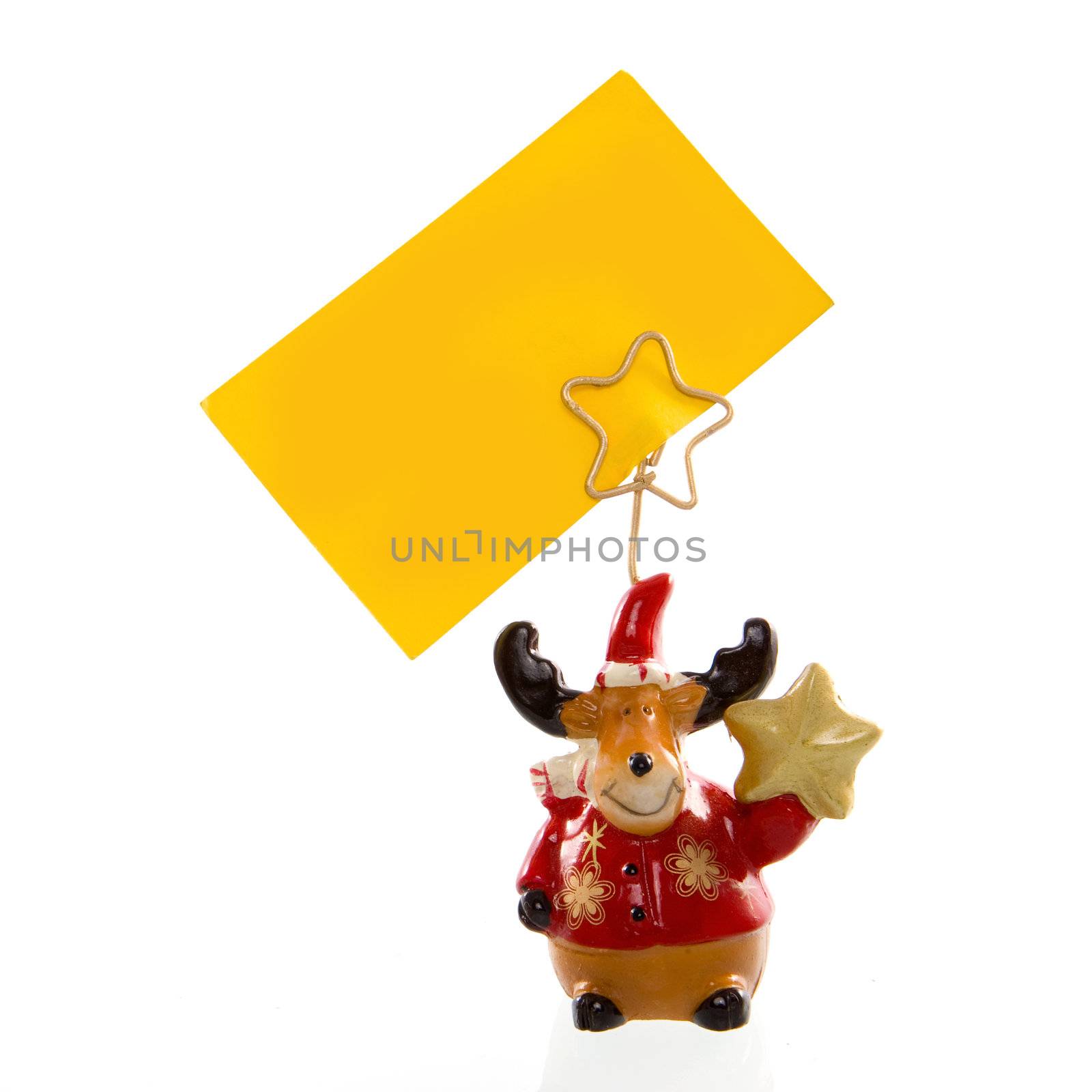 rudolph the red nose reindeer with a yellow sign on a white background