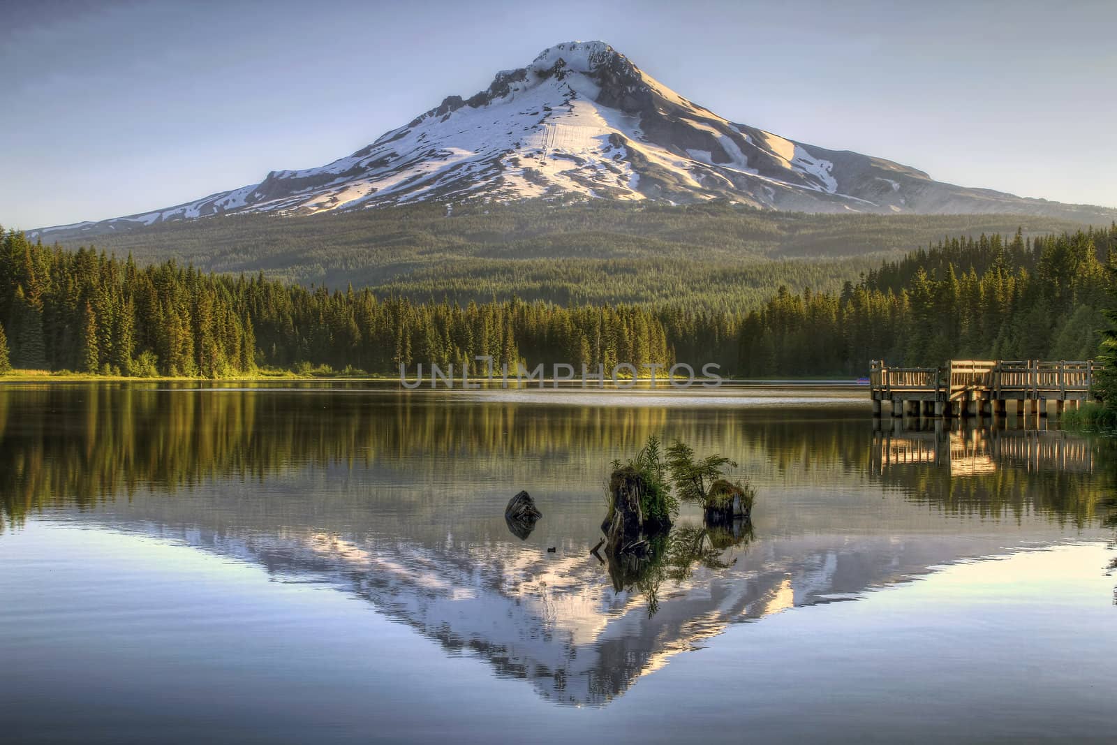 Mount Hood Reflection on Trillium Lake by Fishing Dock at Sunrise