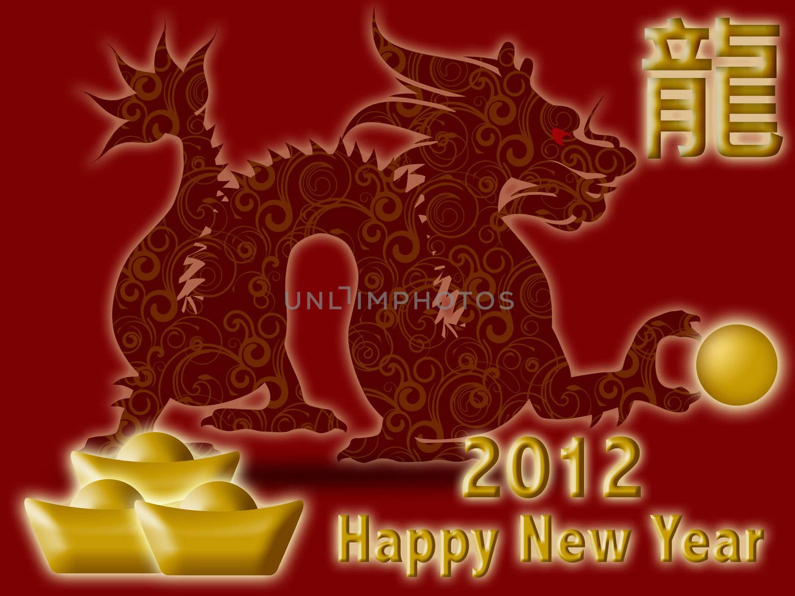 Happy Chinese New Year 2012 with Dragon and Calligraphy Symbol Illustration on Red