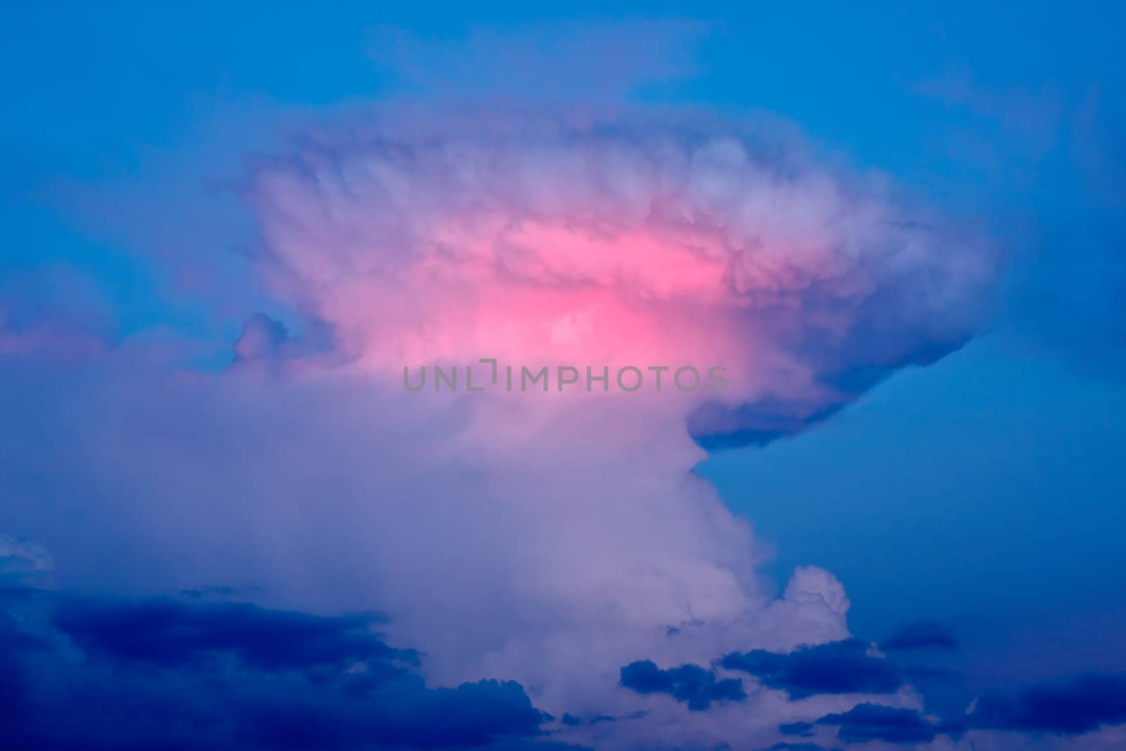 A cumulonimbus cloud that has formed an anvil-top shape. The last rays of light in the evening are causing a dramatic effect.