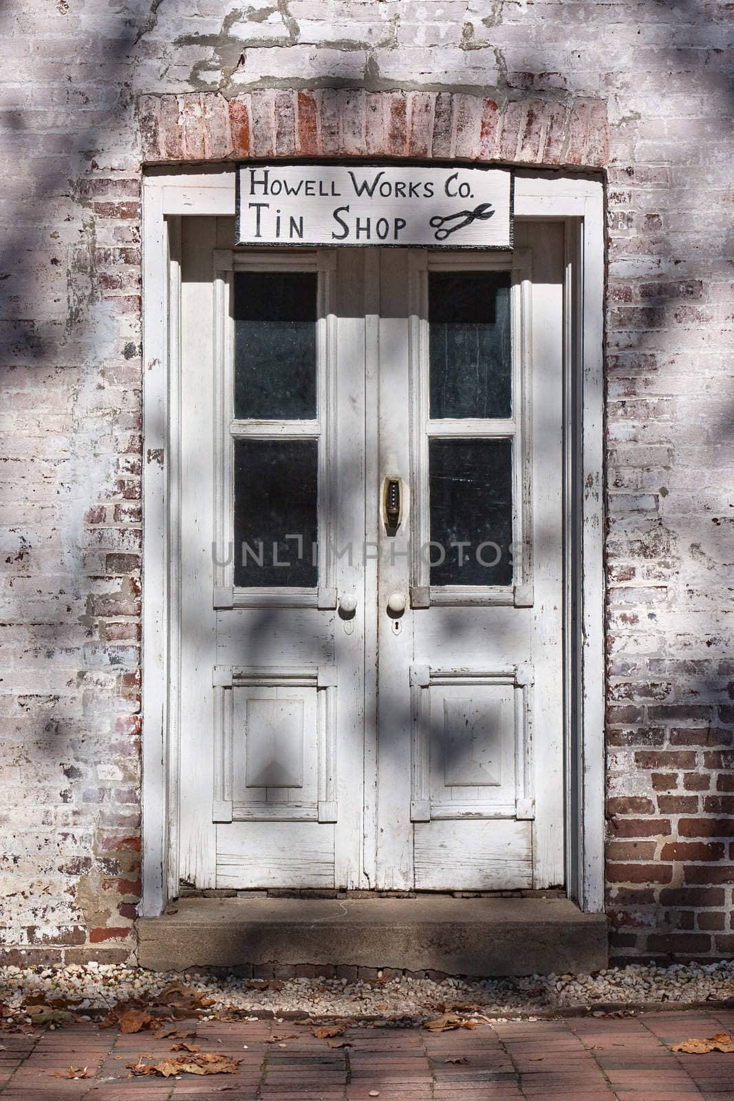 The doorway of the Tin Shop in Historic Allaire Village in New Jersey, USA. Allaire Village is a restored 19th Century Bog Iron Village. 